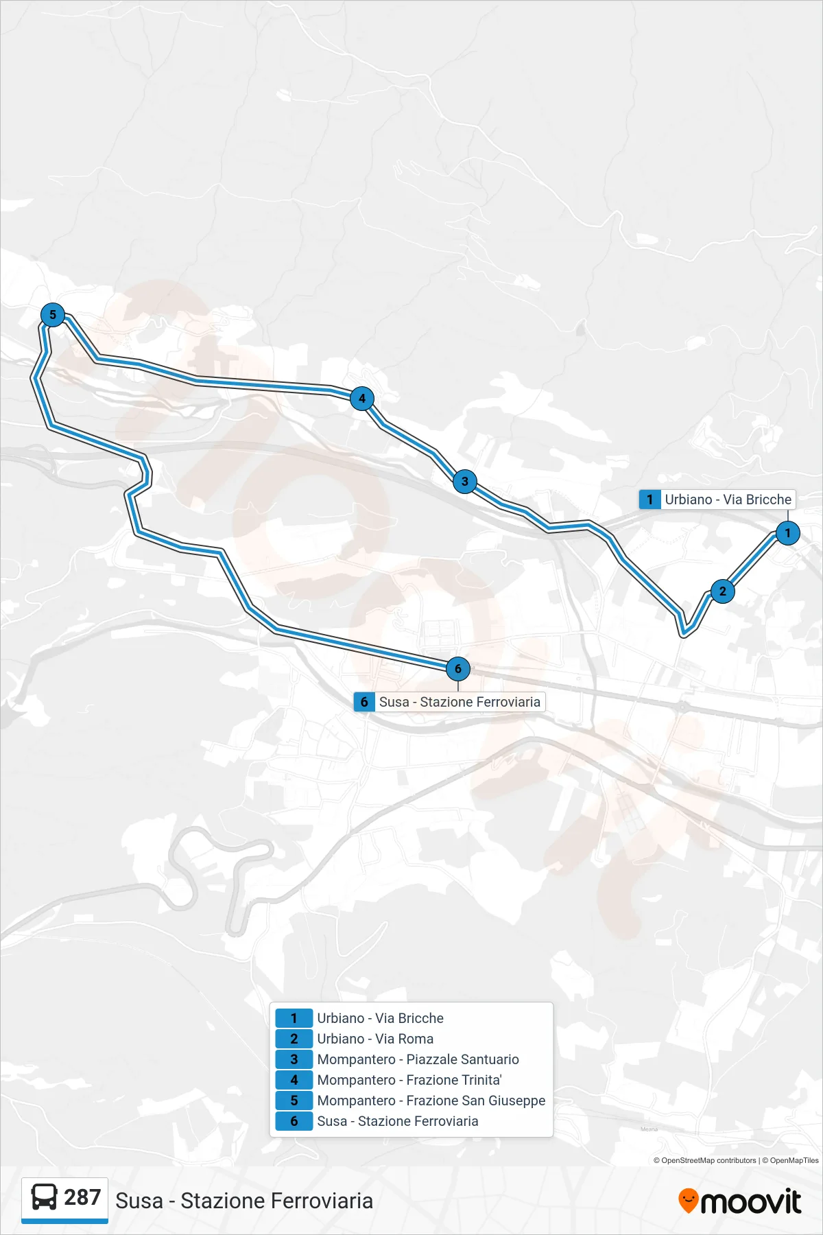 Linea 287  bus (Susa - Stazione Ferroviaria) - Percorsi e fermate sulla mappa