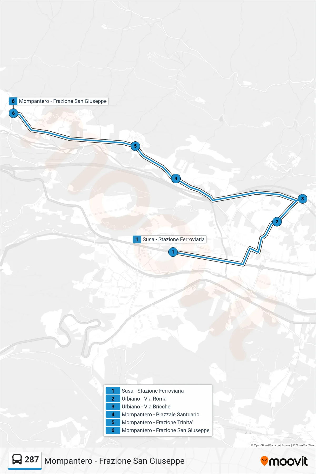 Linea 287 bus (Mompantero - Frazione San Giuseppe) - Percorsi e fermate sulla mappa