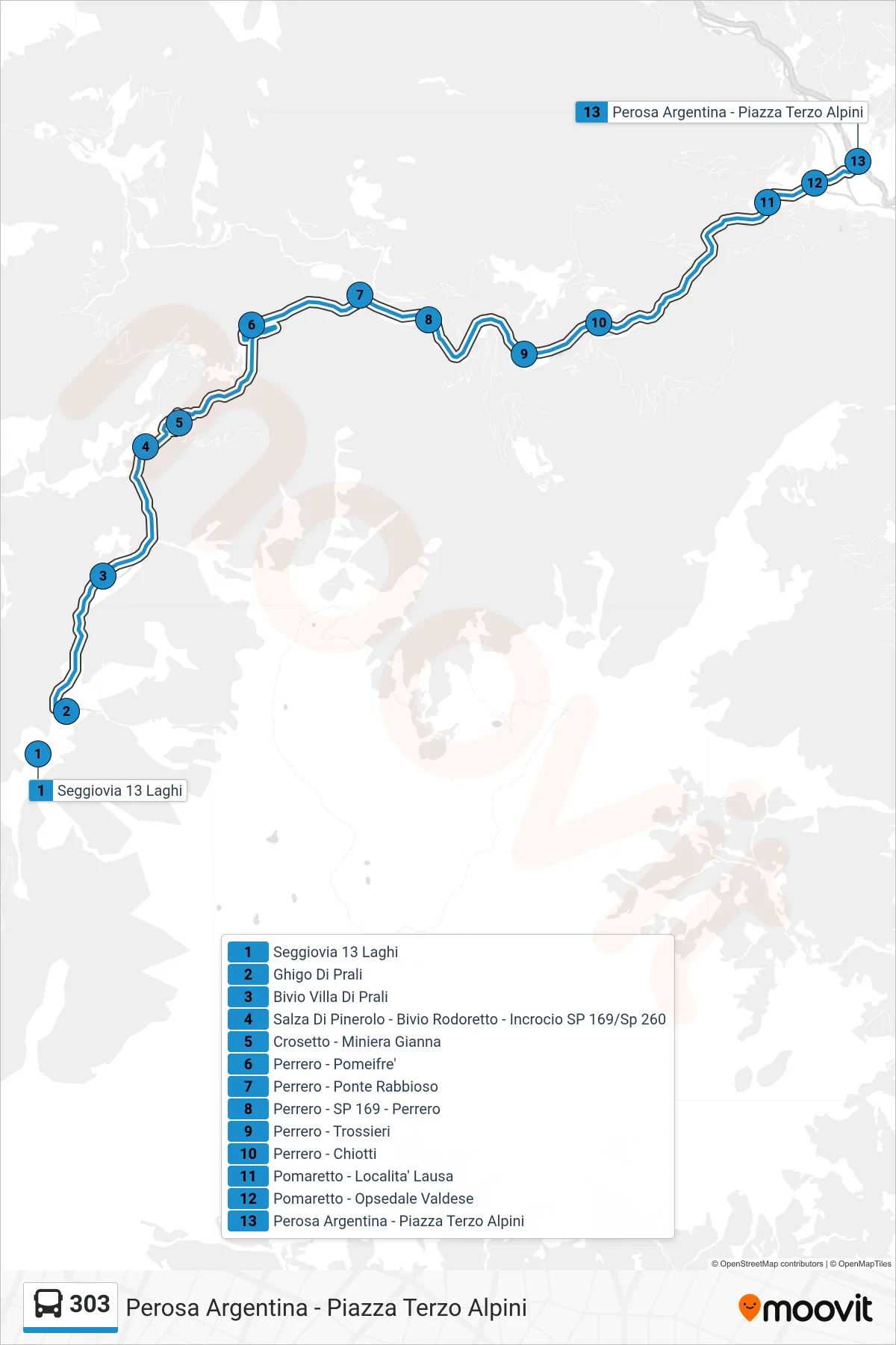 Linea 303 bus (Perosa Argentina - Piazza Terzo Alpini) - Percorsi e fermate sulla mappa
