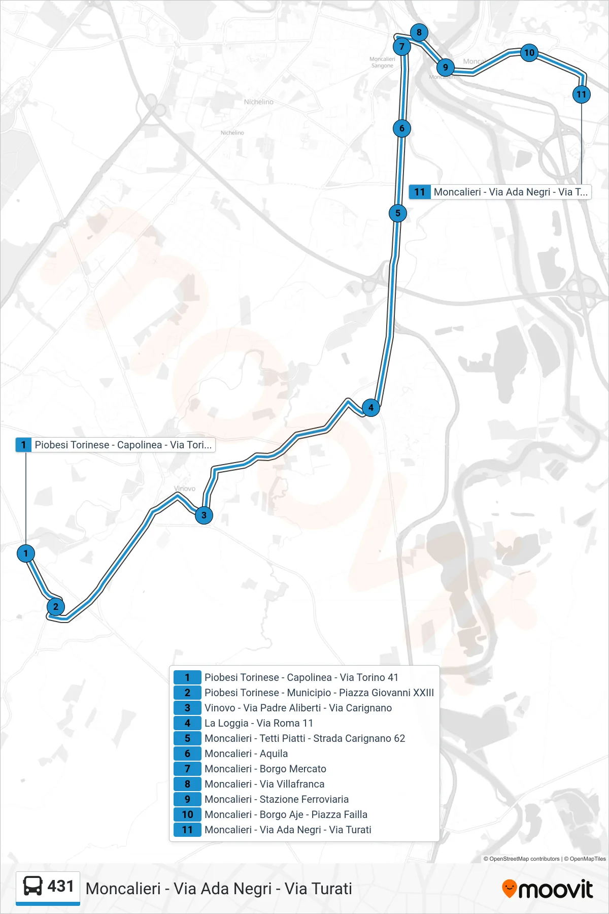 Linea 431  bus (Moncalieri - Via Ada Negri - Via Turati) - Percorsi e fermate sulla mappa