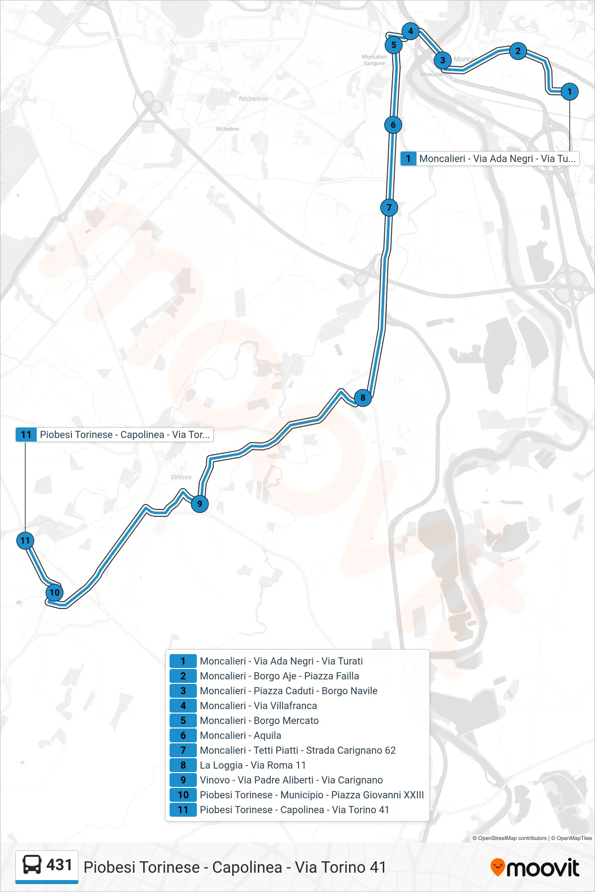 Linea 431  bus (Piobesi Torinese - Capolinea - Via Torino  41) - Percorsi e fermate sulla mappa