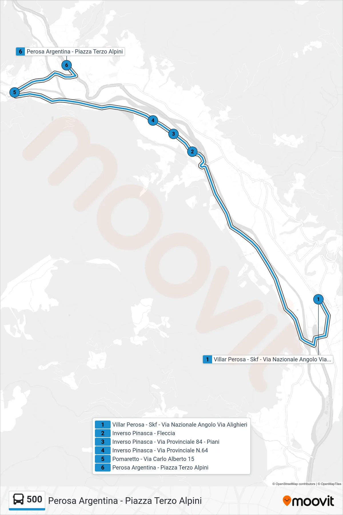 Linea 500  bus (Perosa Argentina - Piazza Terzo Alpini) - Percorsi e fermate sulla mappa