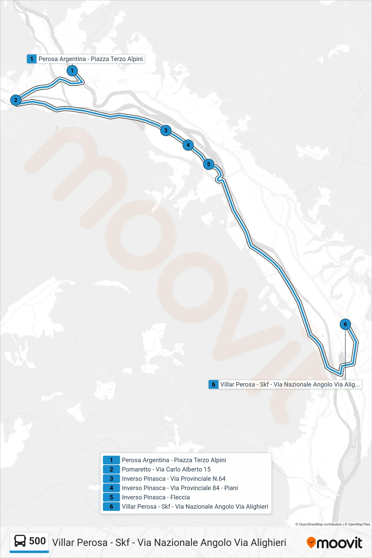 Linea 500 bus (Villar Perosa - Skf - Via Nazionale Angolo Via Alighieri) - Percorsi e fermate sulla mappa