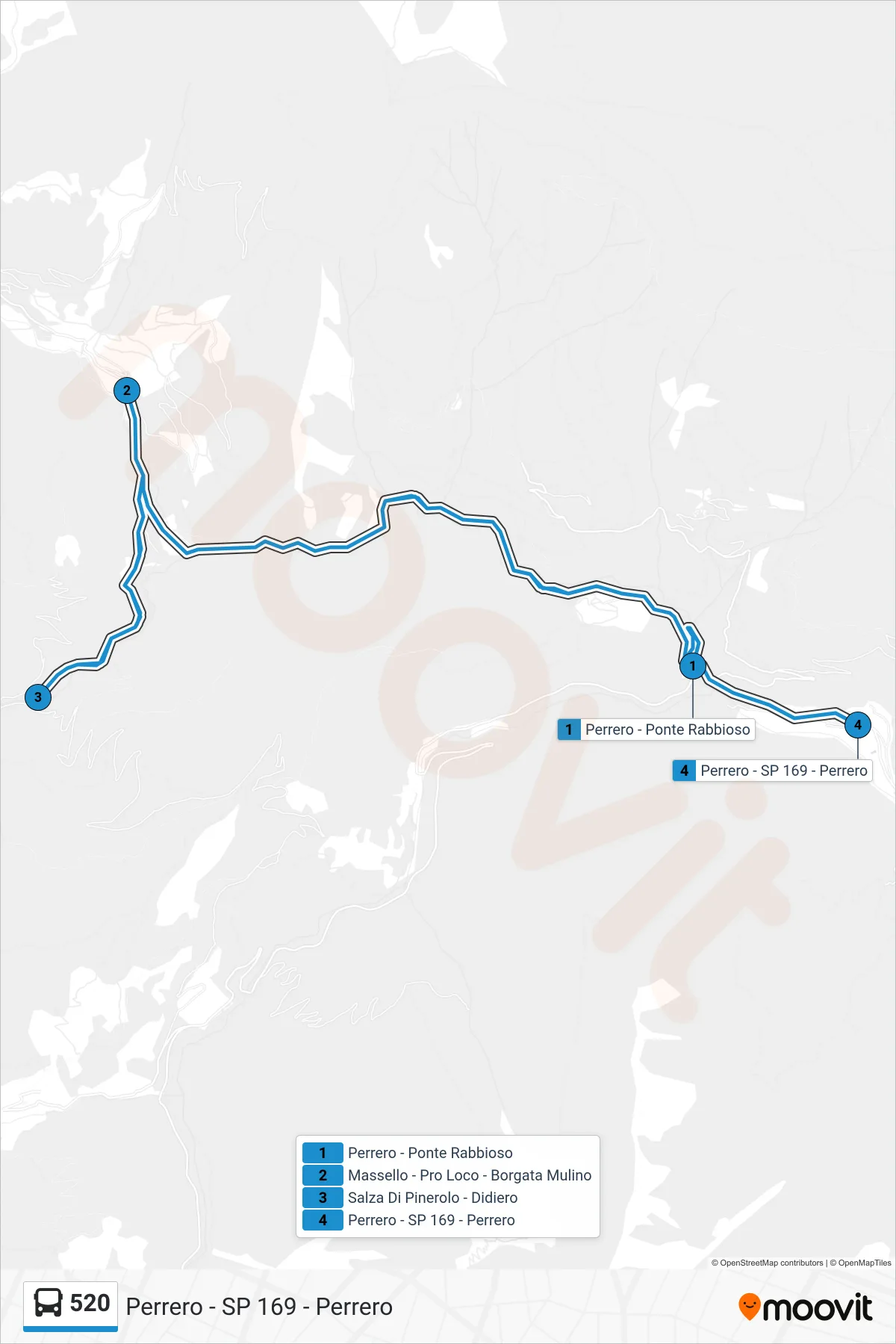 Linea 520  bus (Perrero - SP 169 - Perrero) - Percorsi e fermate sulla mappa