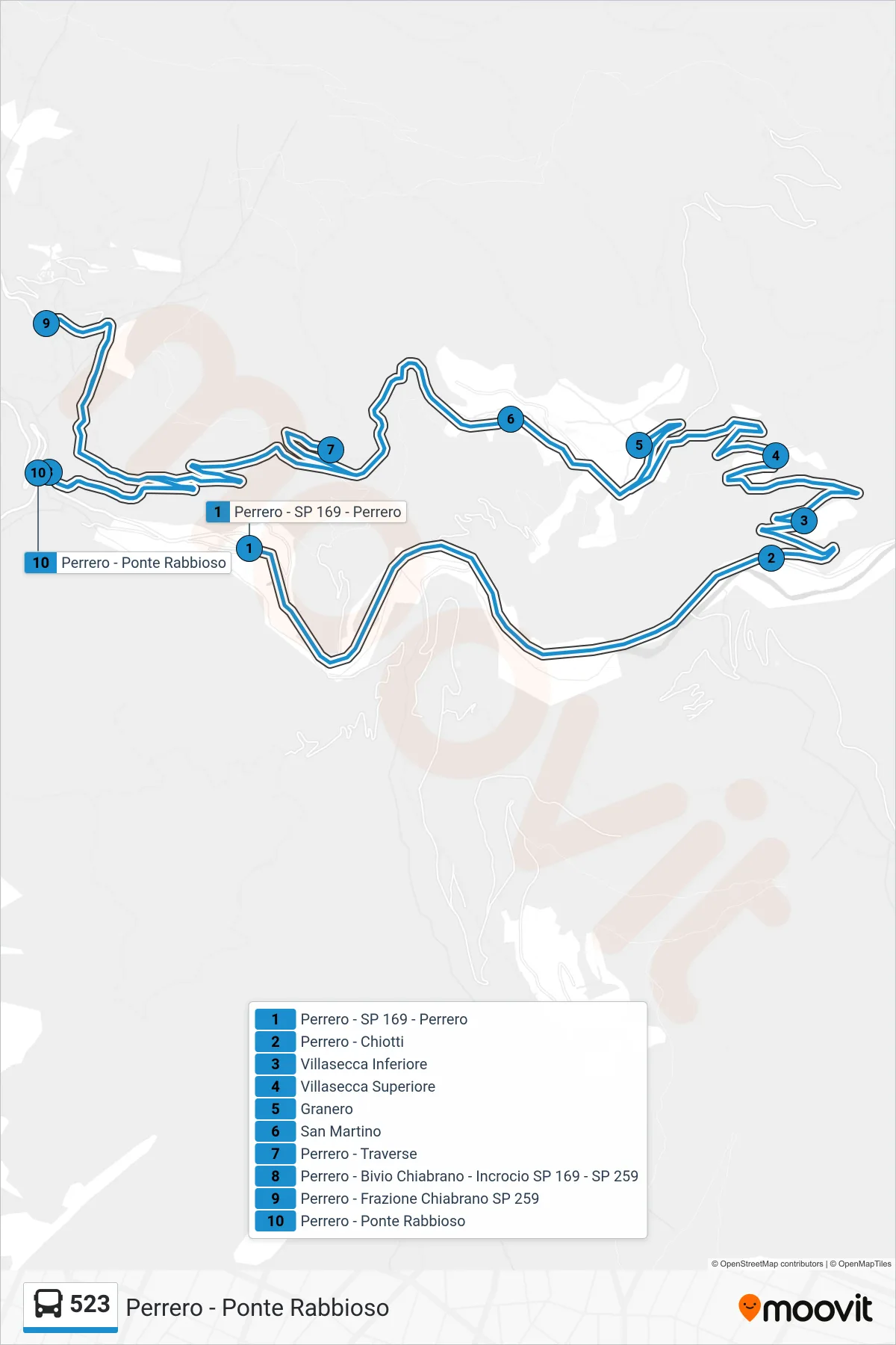 Linea 523 bus (Perrero - Ponte Rabbioso) - Percorsi e fermate sulla mappa