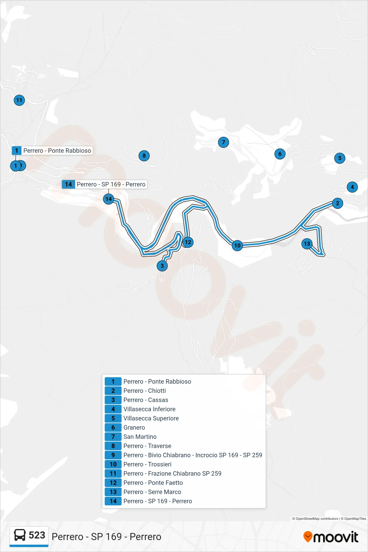 Linea 523  bus (Perrero - SP 169 - Perrero) - Percorsi e fermate sulla mappa
