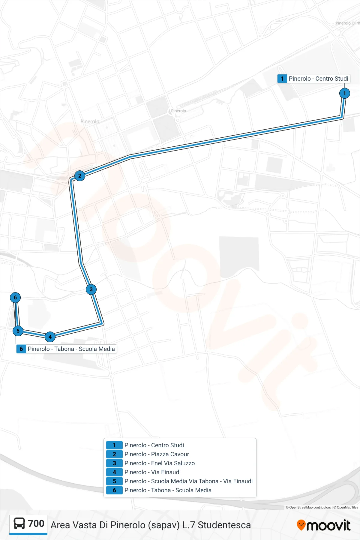 Linea 700  bus (Pinerolo - Tabona - Scuola Media) - Percorsi e fermate sulla mappa