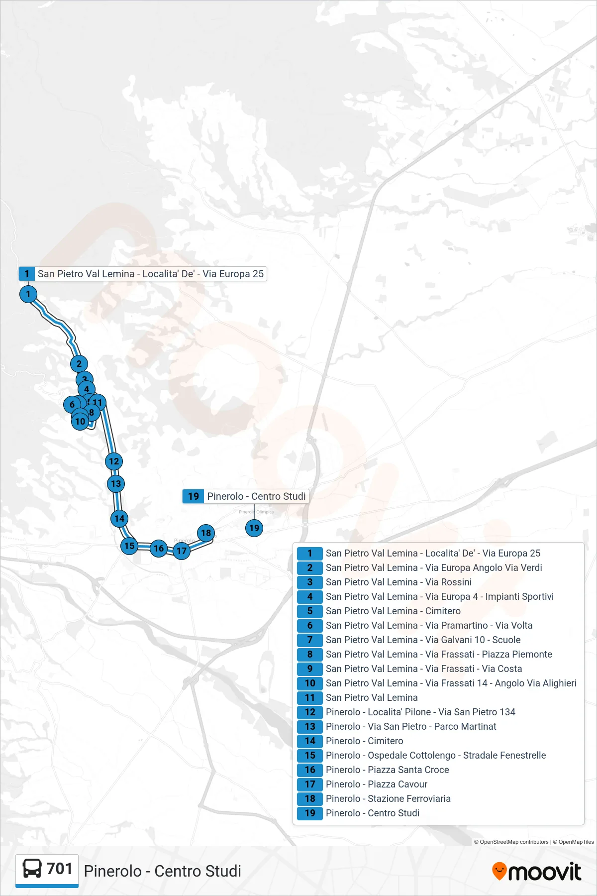 Linea 701 bus (Pinerolo - Centro Studi) - Percorsi e fermate sulla mappa