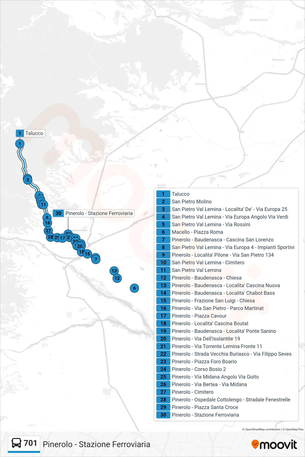 Linea 701  bus (Pinerolo - Stazione Ferroviaria) - Percorsi e fermate sulla mappa