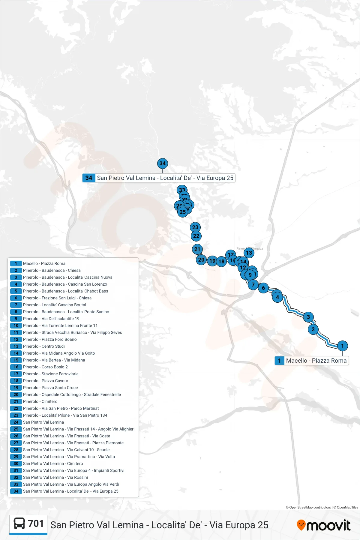 Linea 701 bus (San Pietro Val Lemina - Localita' De' - Via Europa 25) - Percorsi e fermate sulla mappa
