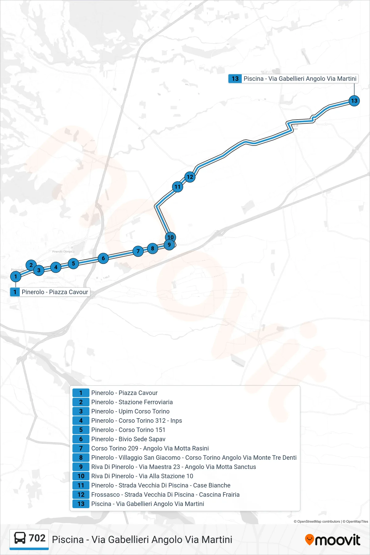 Linea 702 bus (Piscina - Via Gabellieri Angolo Via Martini) - Percorsi e fermate sulla mappa