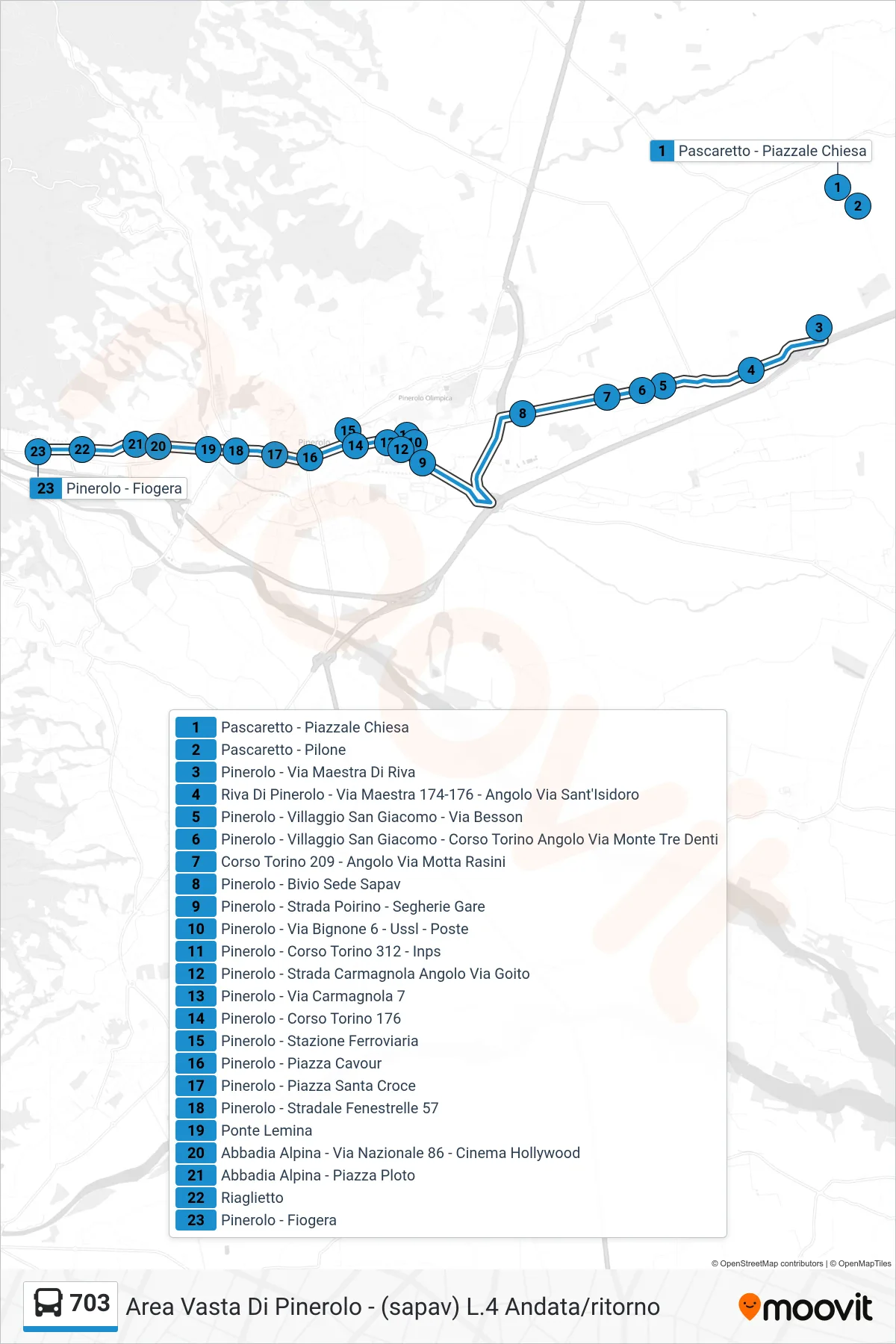 Linea 703  bus (Pinerolo - Fiogera) - Percorsi e fermate sulla mappa
