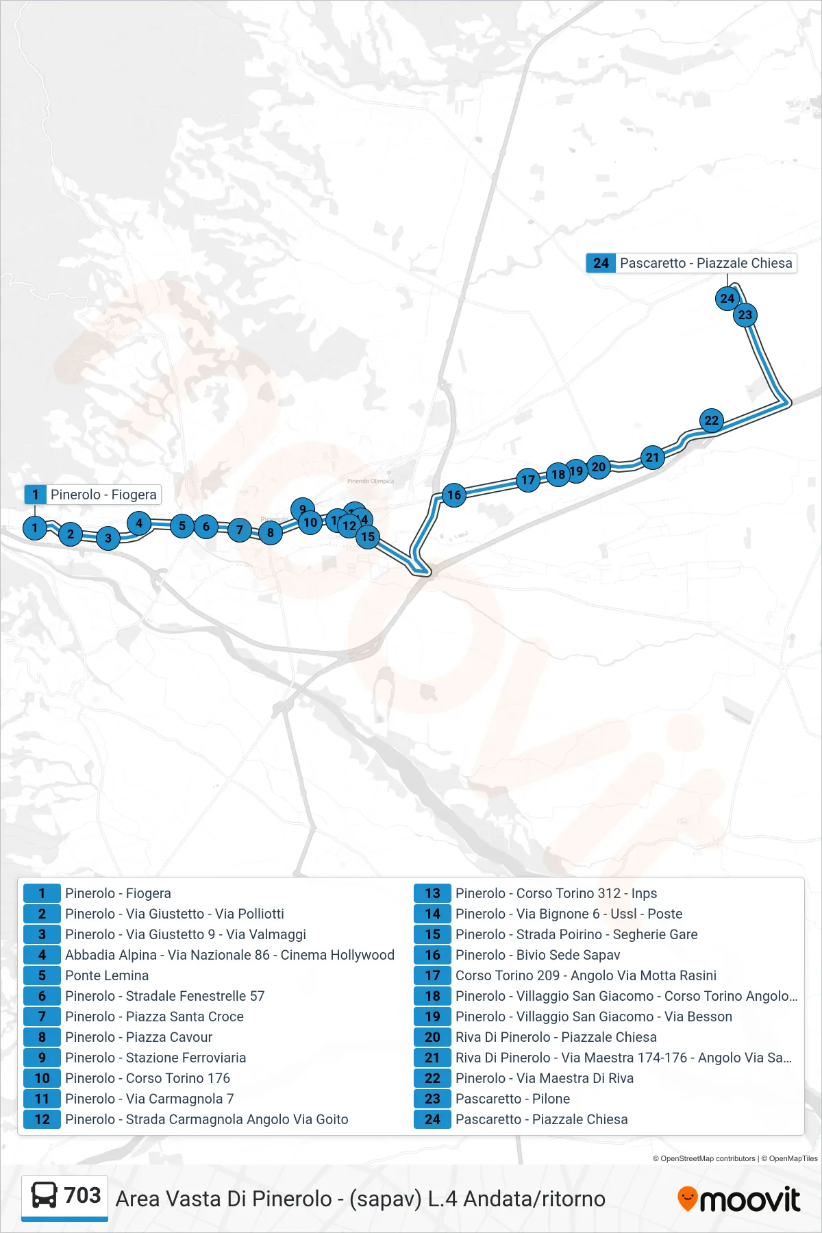 Linea 703  bus (Pascaretto - Piazzale Chiesa) - Percorsi e fermate sulla mappa