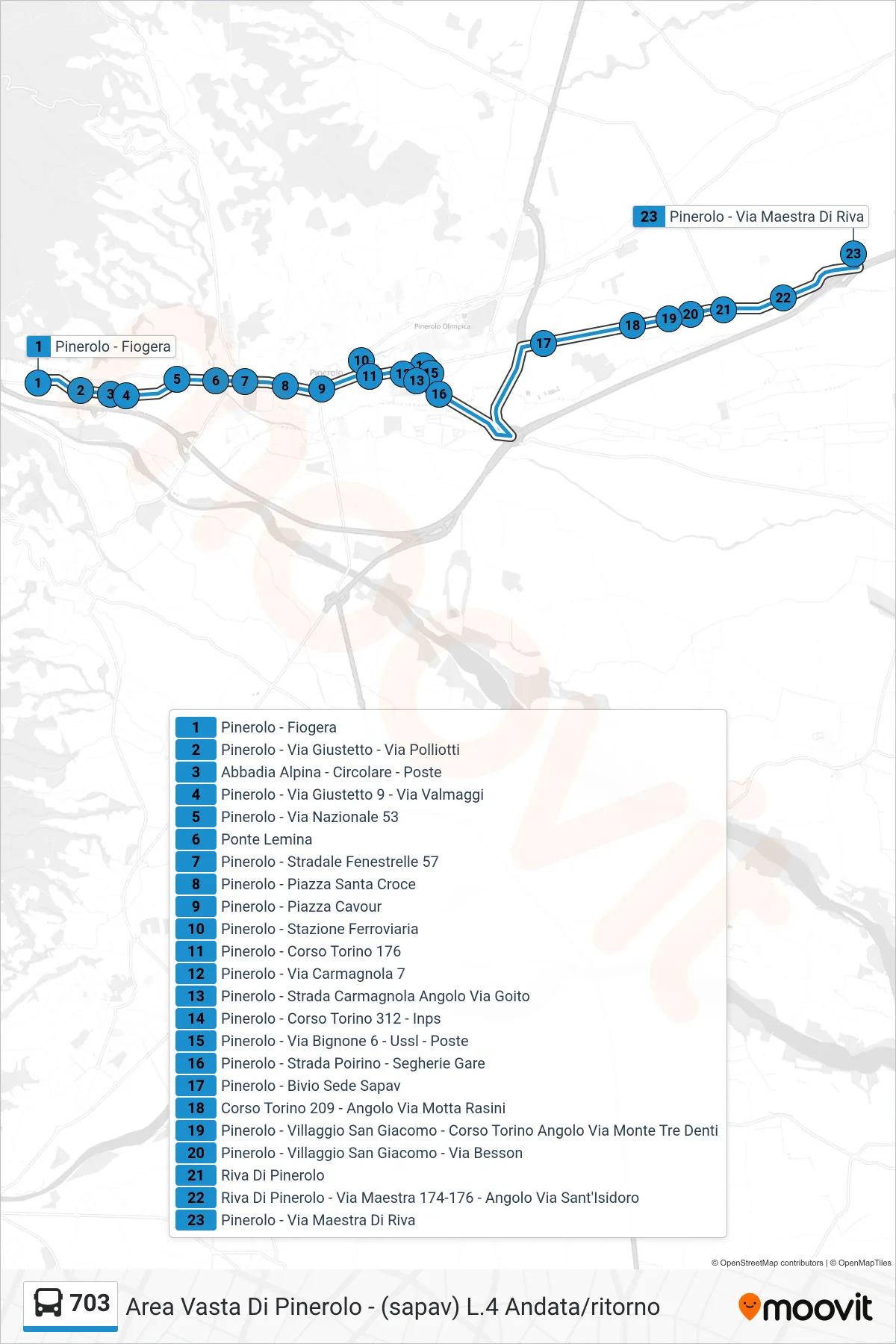 Linea 703 bus (Pinerolo - Via Maestra Di Riva) - Percorsi e fermate sulla mappa