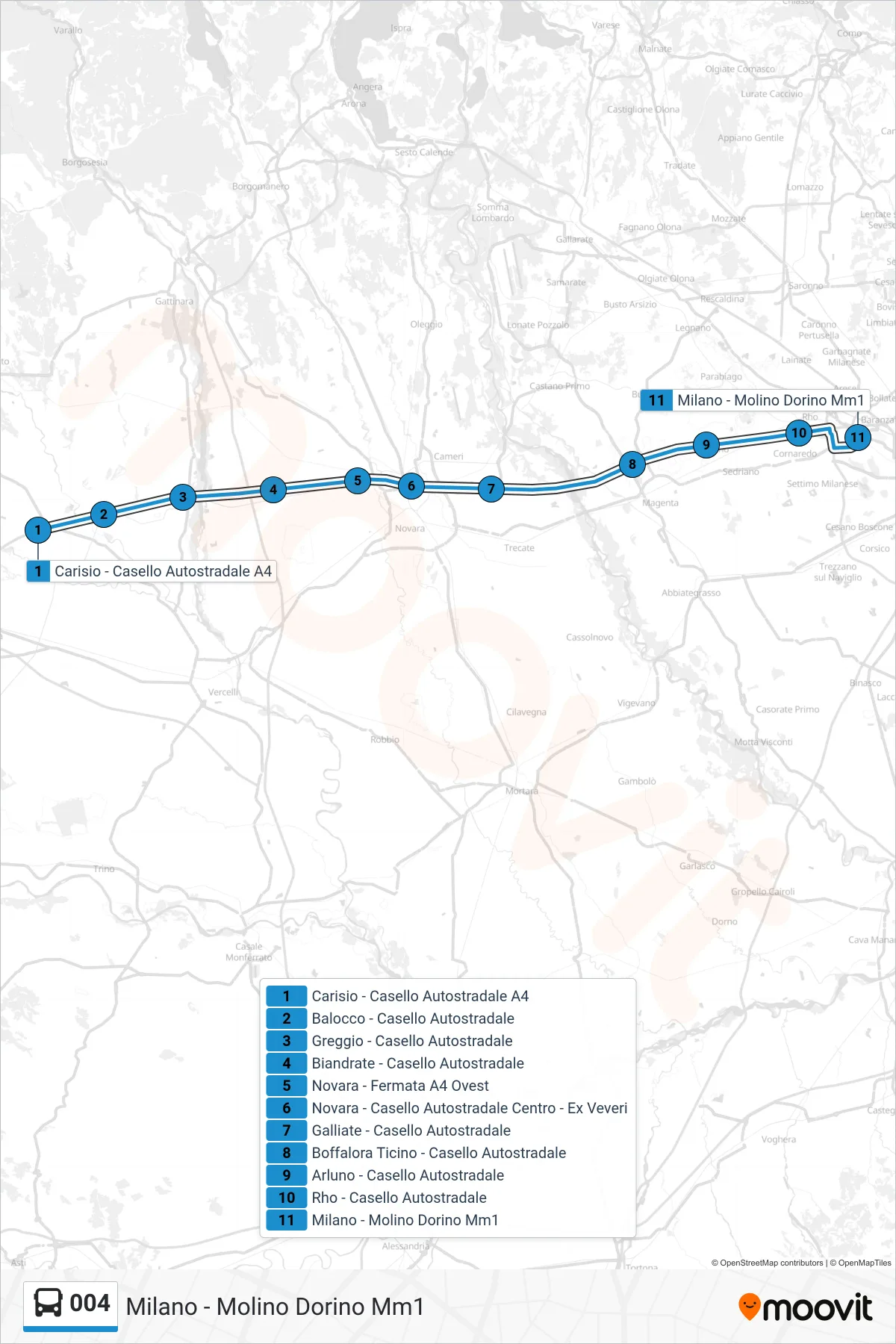 Linea 004 bus (Milano - Molino Dorino Mm1) - Percorsi e fermate sulla mappa