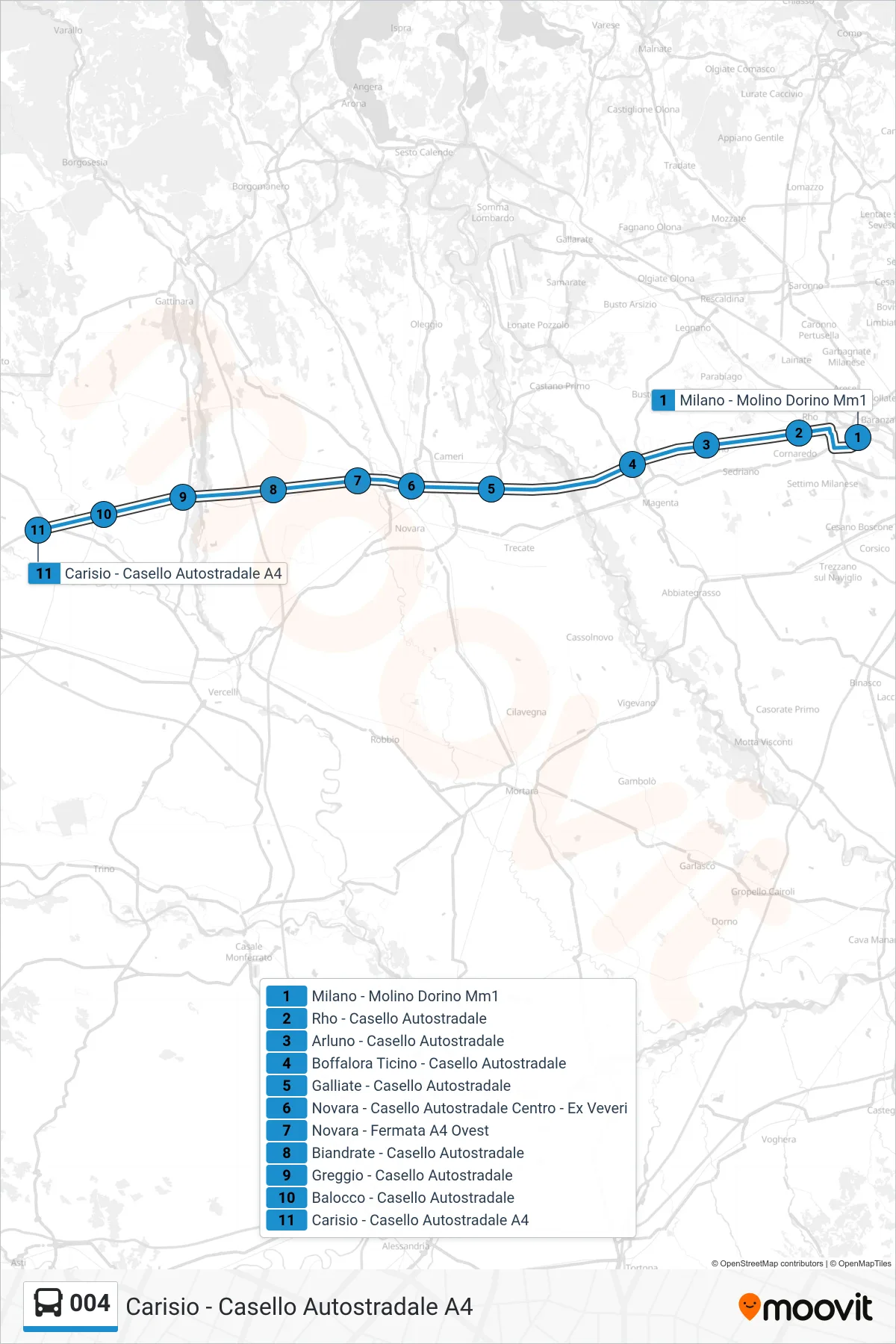 Linea 004 bus (Carisio - Casello Autostradale A4) - Percorsi e fermate sulla mappa
