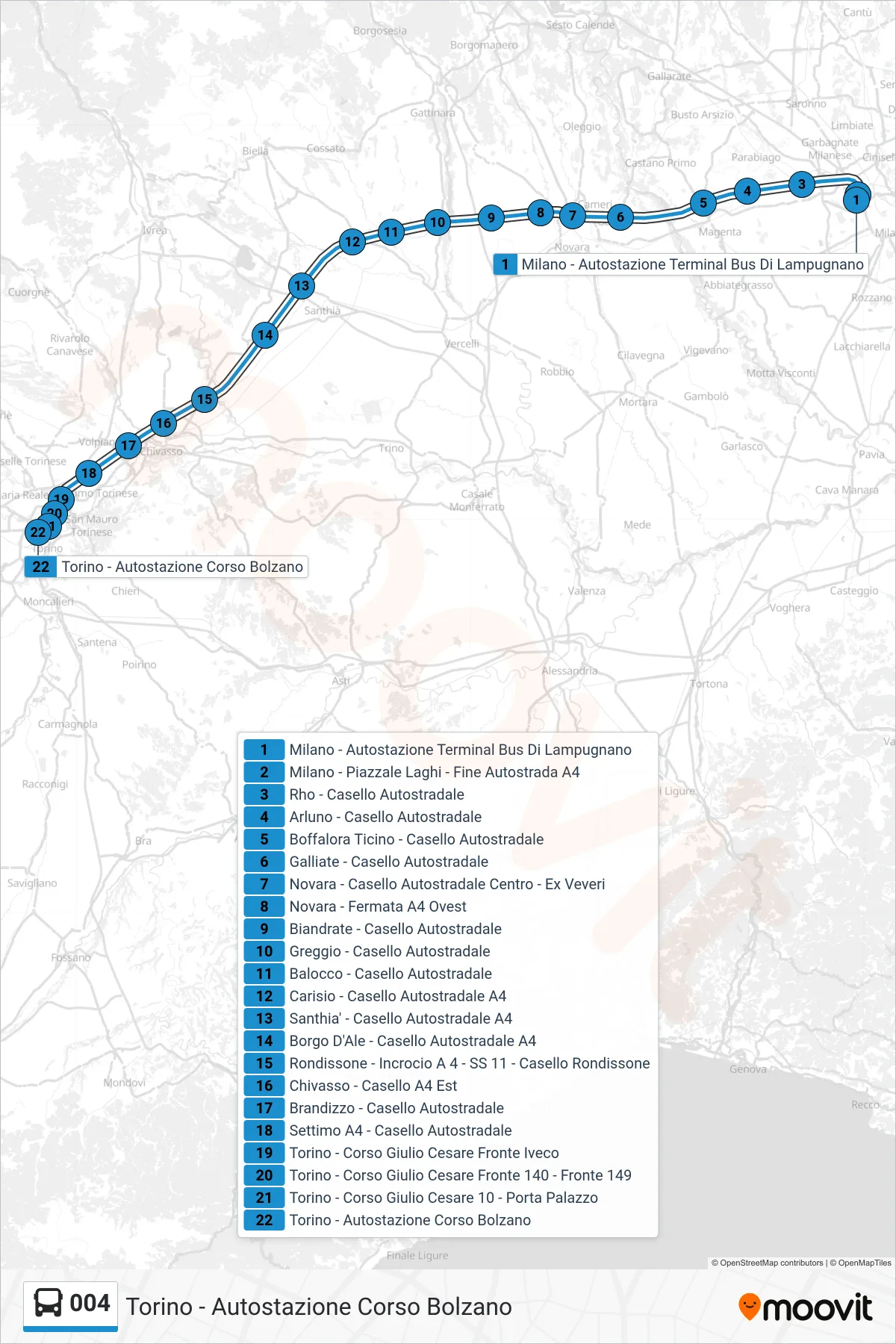 Linea 004 bus (Torino - Autostazione Corso Bolzano) - Percorsi e fermate sulla mappa