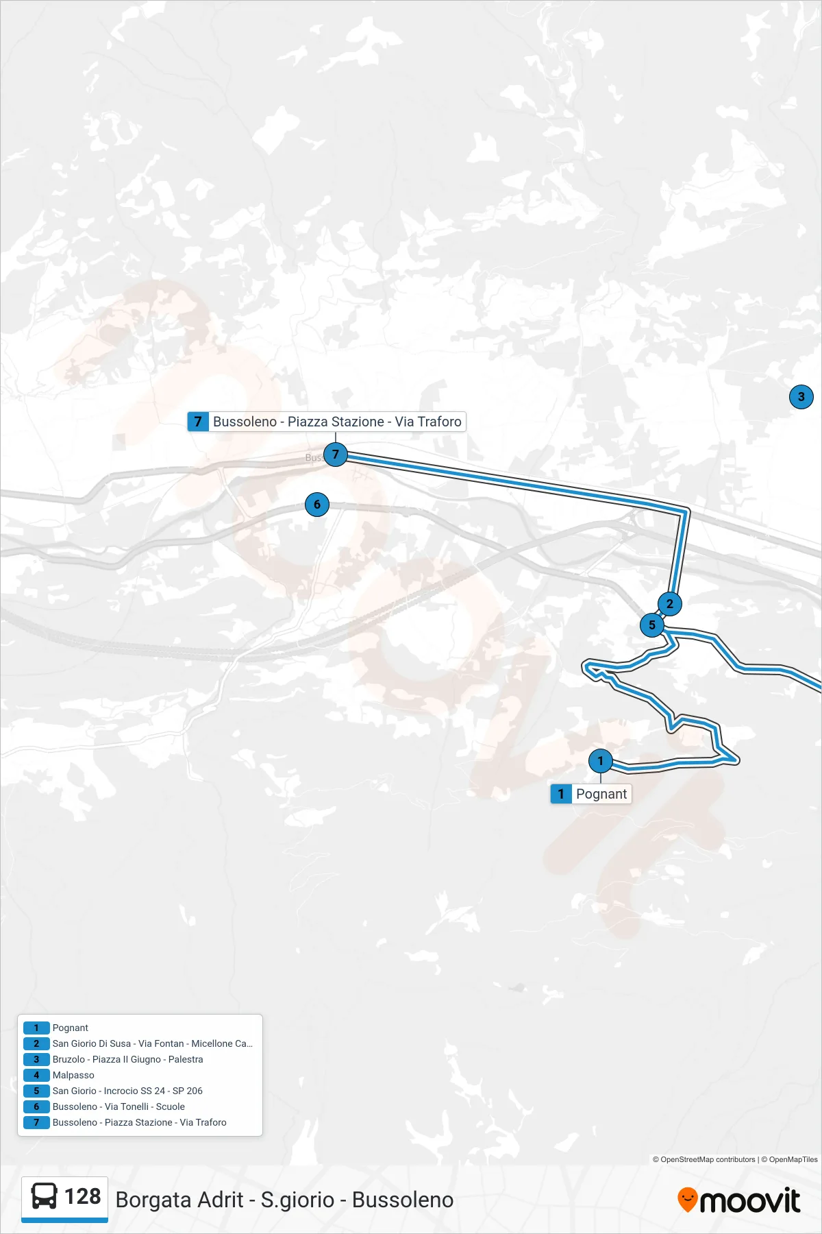 Linea 128 bus (Bussoleno - Via Tonelli - Scuole) - Percorsi e fermate sulla mappa