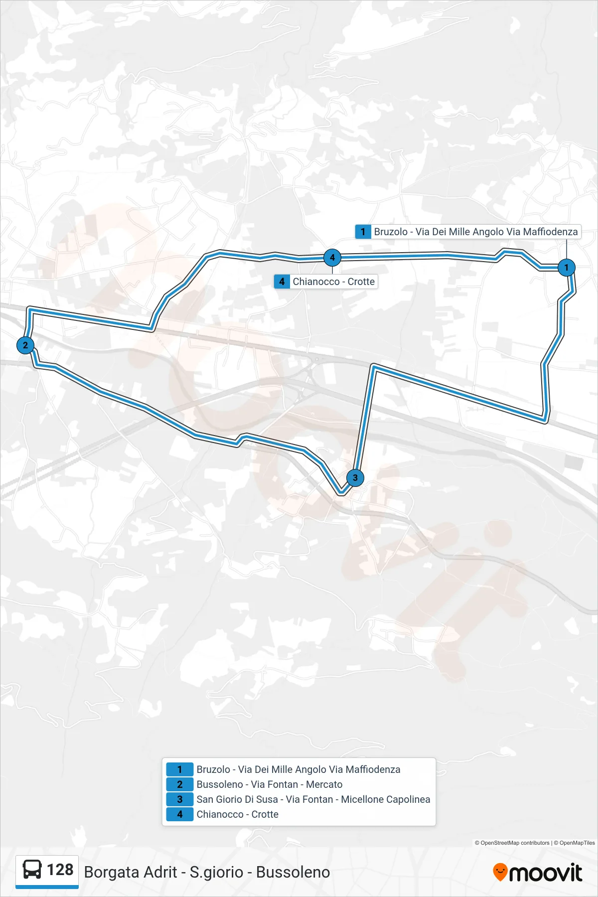 Linea 128  bus (San Giorio Di Susa - Via Fontan - Micellone Capolinea) - Percorsi e fermate sulla mappa