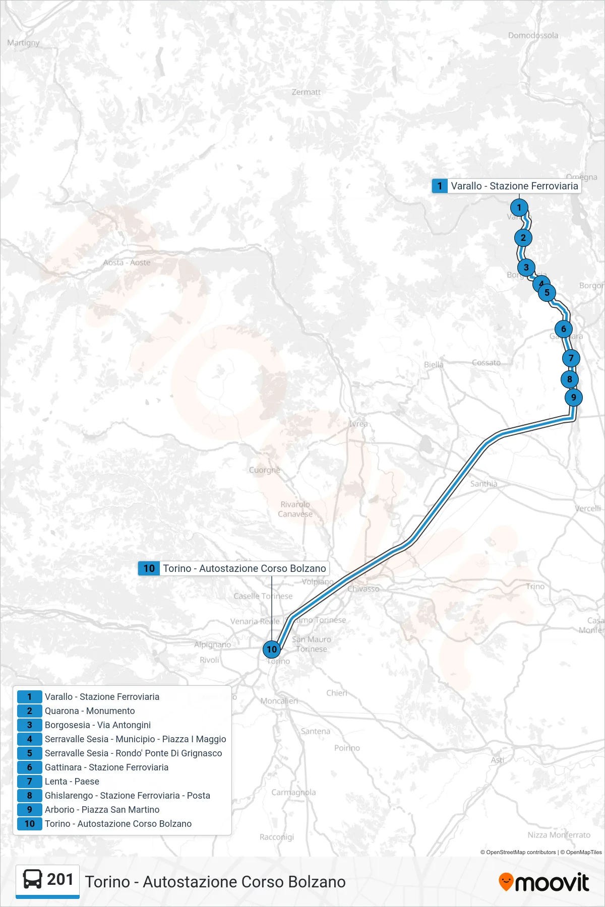 Linea 201  bus (Torino - Autostazione Corso Bolzano) - Percorsi e fermate sulla mappa
