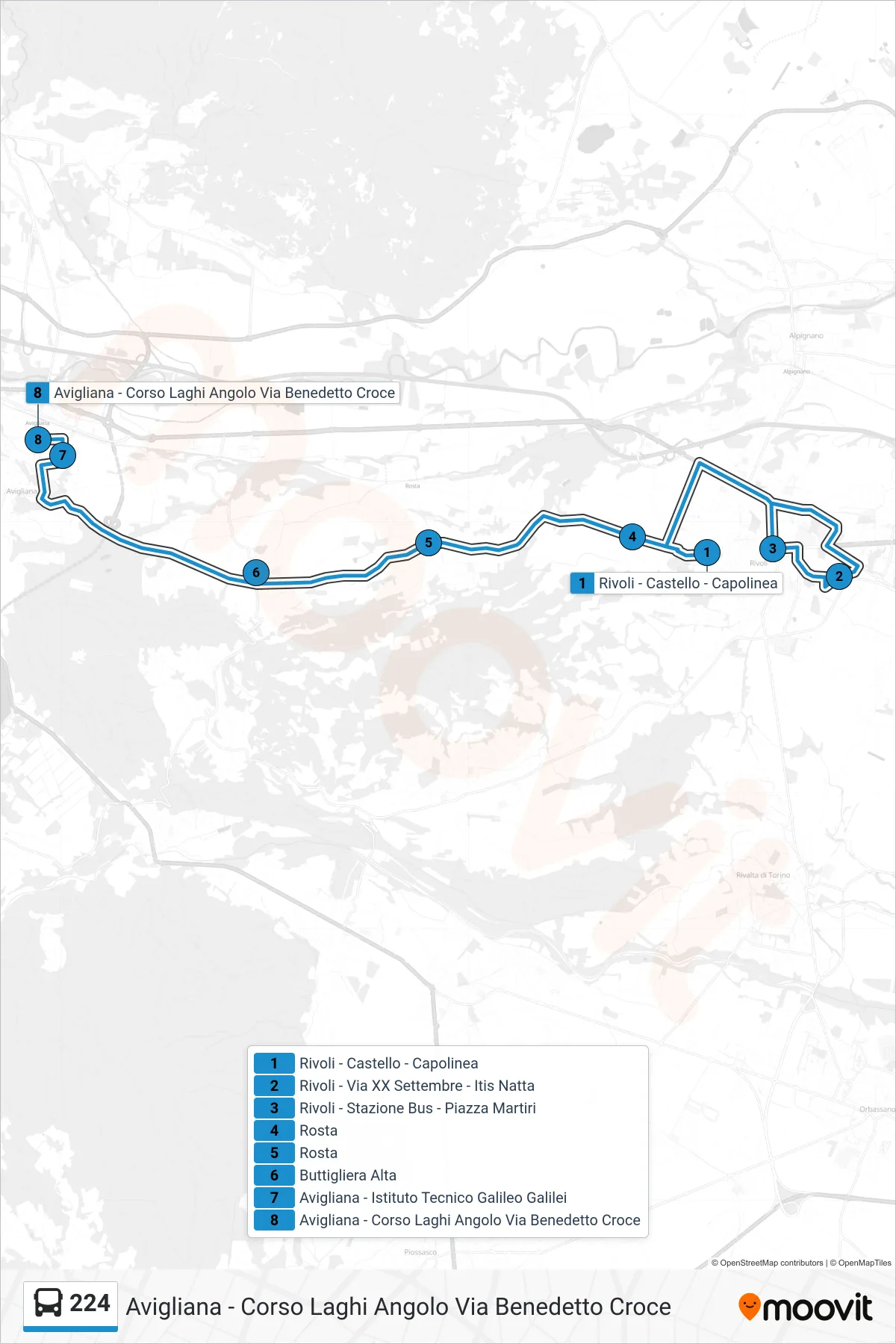 Linea 224 bus (Avigliana - Corso Laghi Angolo Via Benedetto Croce) - Percorsi e fermate sulla mappa