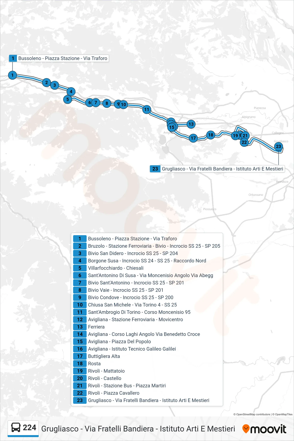 Linea 224 bus (Grugliasco - Via Fratelli Bandiera - Istituto Arti E Mestieri) - Percorsi e fermate sulla mappa
