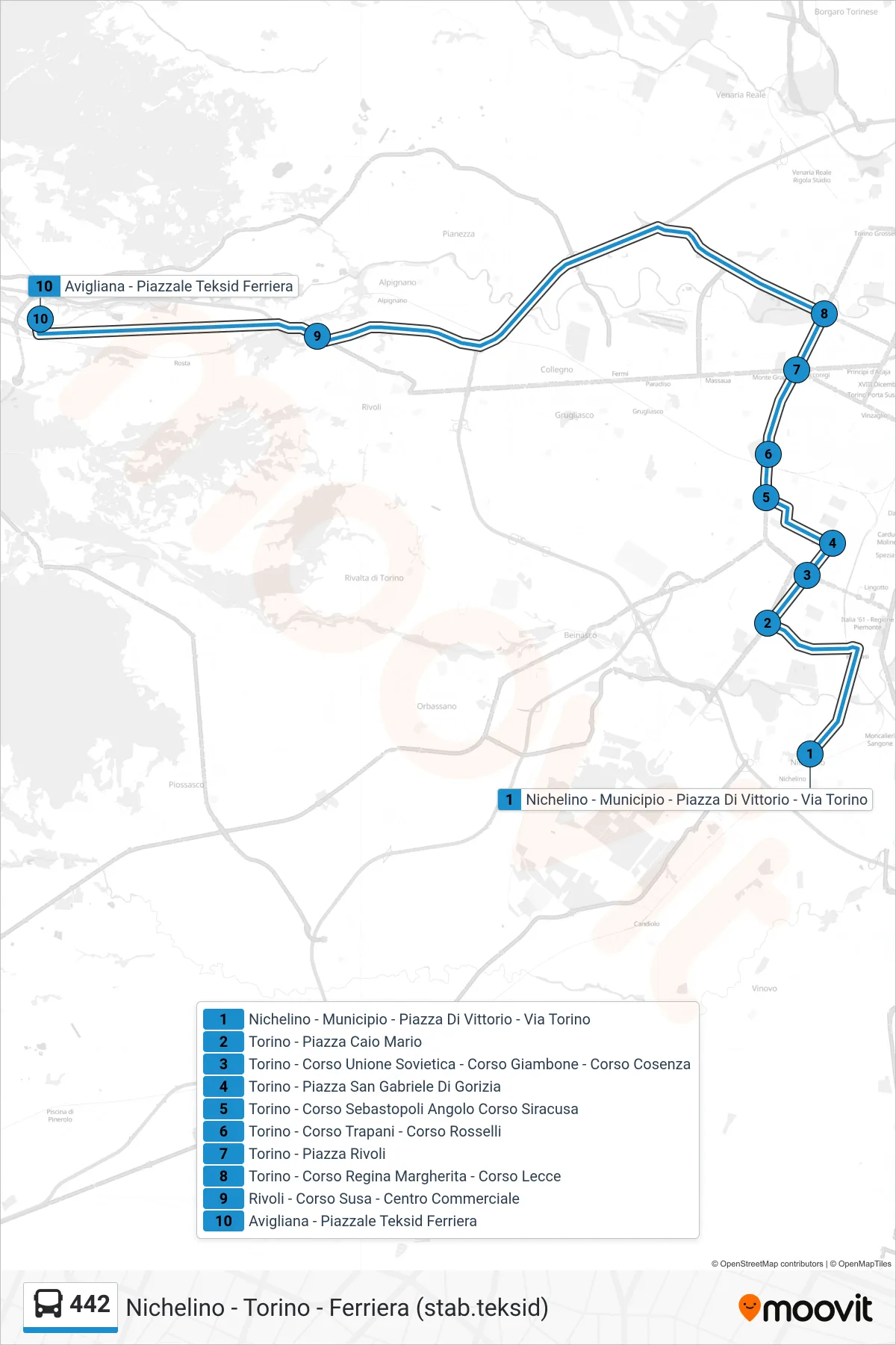 Linea 442 bus (Avigliana - Piazzale Teksid Ferriera) - Percorsi e fermate sulla mappa