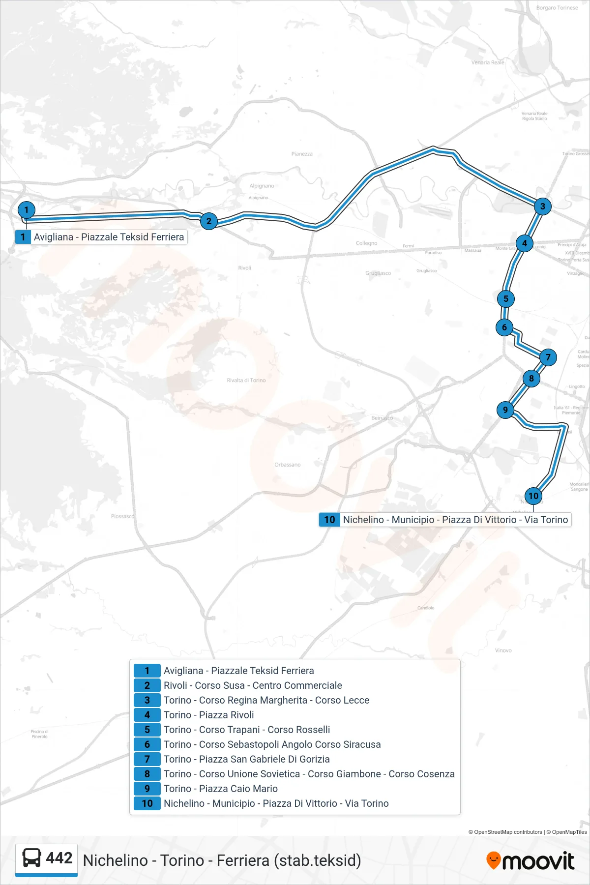 Linea 442 bus (Nichelino - Municipio - Piazza Di Vittorio - Via Torino) - Percorsi e fermate sulla mappa