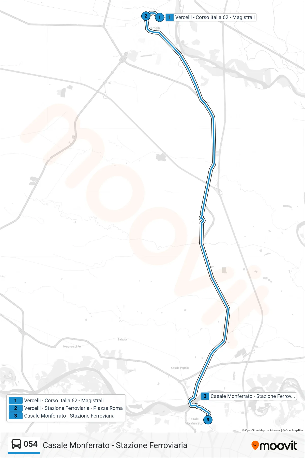 Linea 054 bus (Casale Monferrato - Stazione Ferroviaria) - Percorsi e fermate sulla mappa