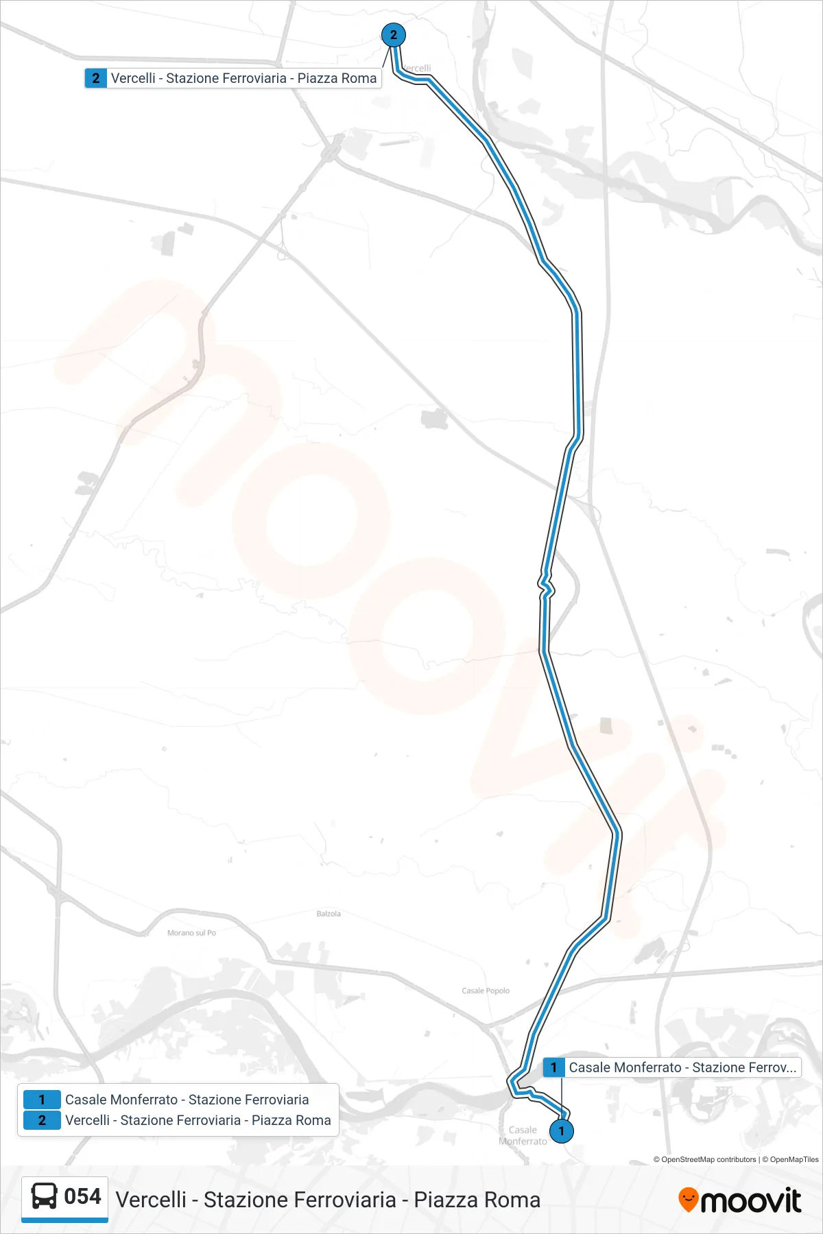 Linea 054  bus (Vercelli - Stazione Ferroviaria - Piazza Roma) - Percorsi e fermate sulla mappa
