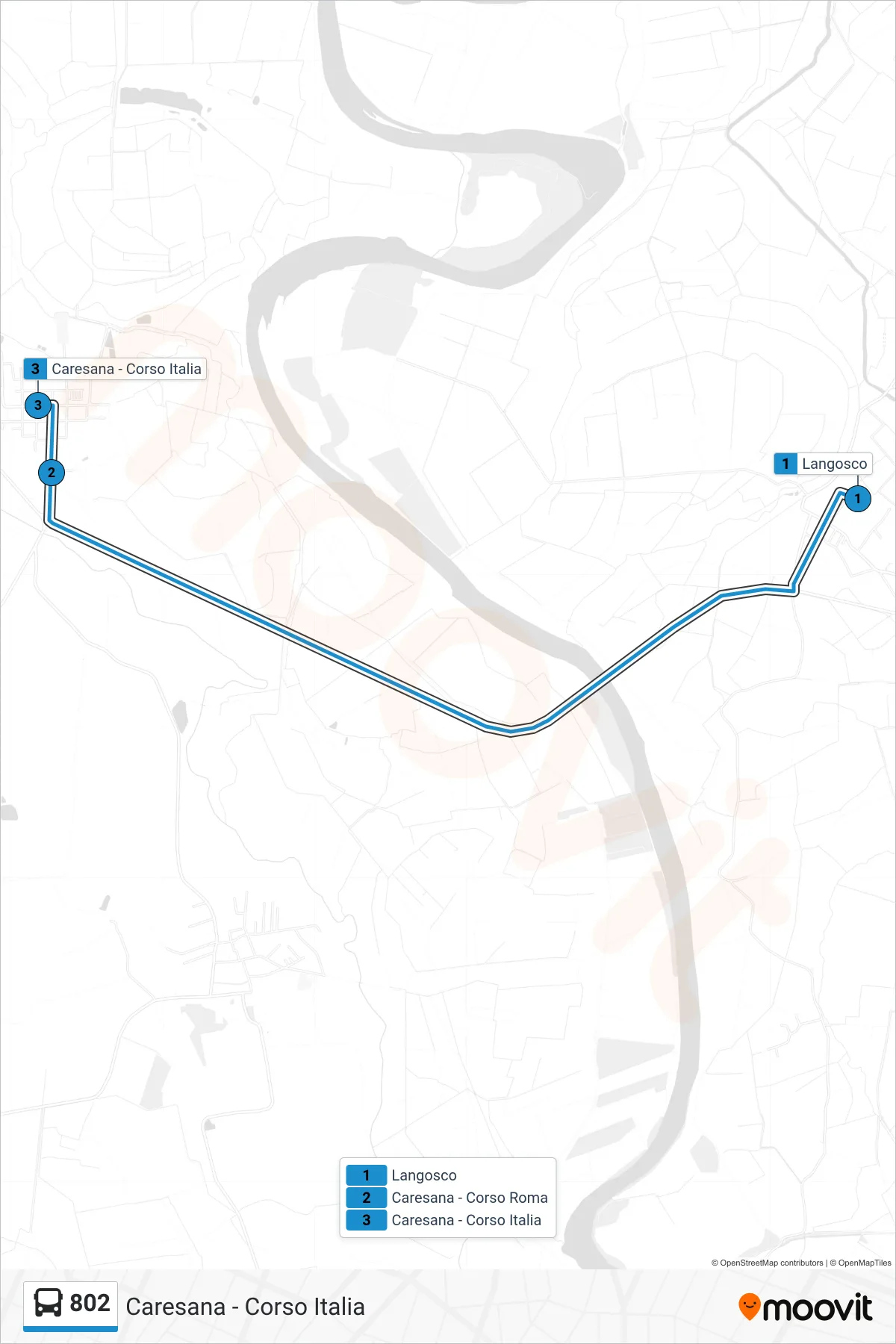 Linea 802  bus (Caresana - Corso Italia) - Percorsi e fermate sulla mappa
