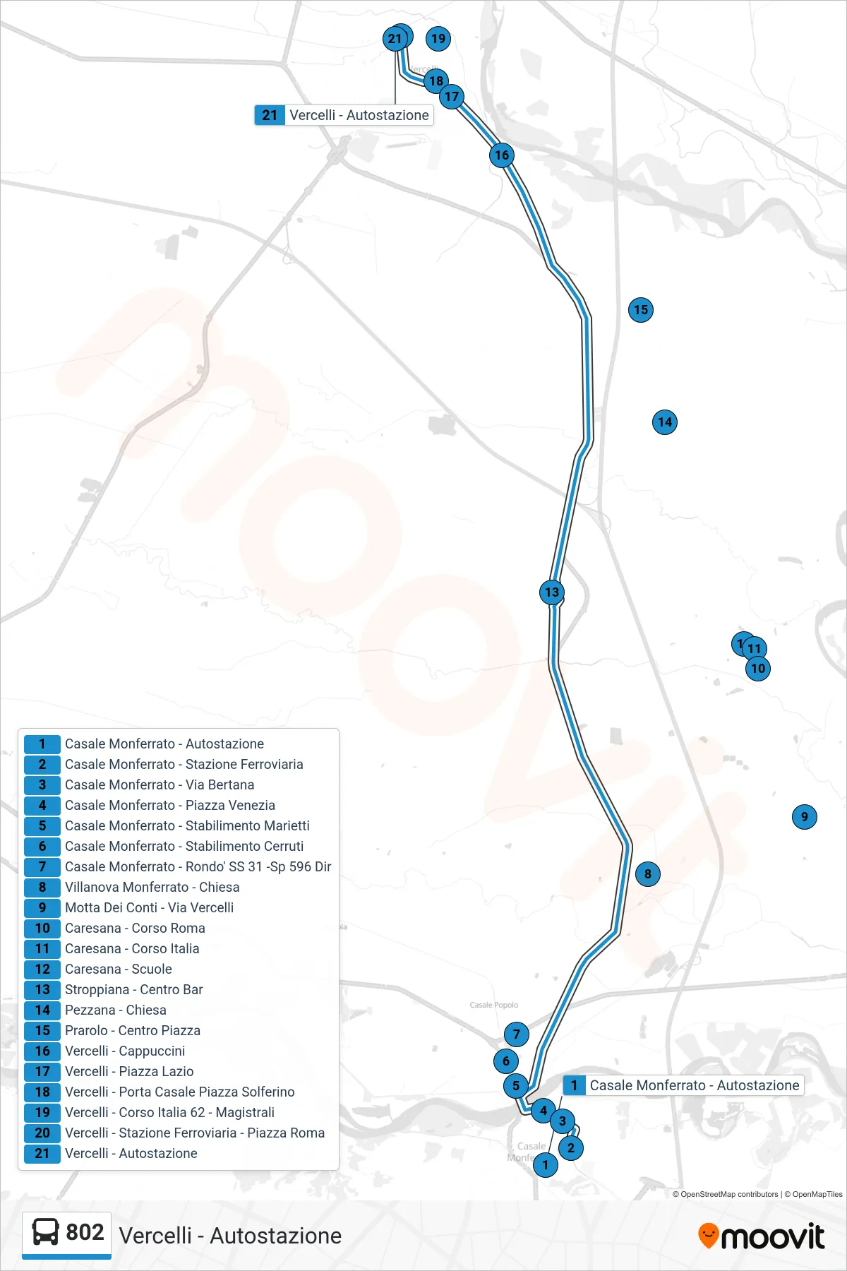 Linea 802  bus (Vercelli - Autostazione) - Percorsi e fermate sulla mappa