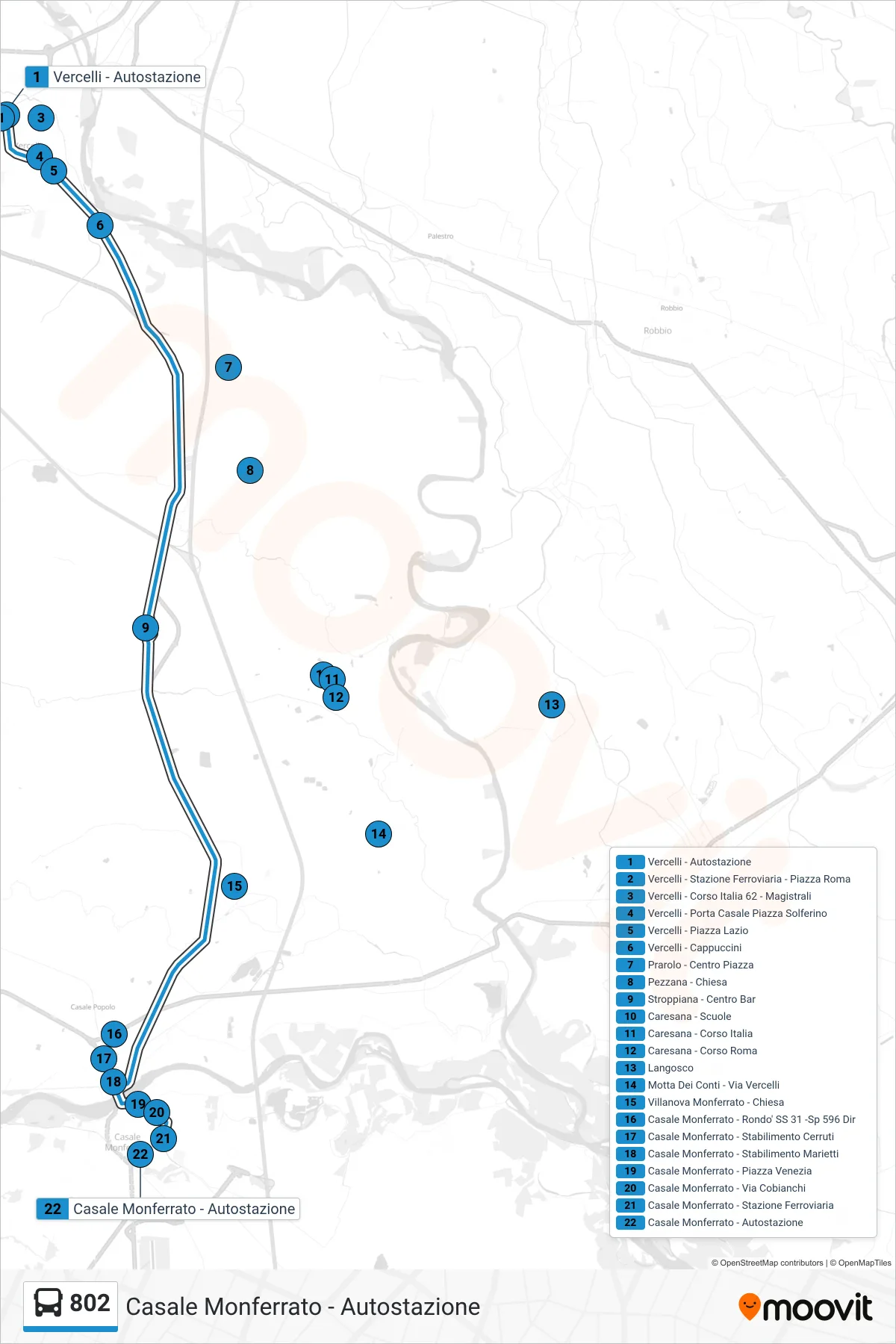 Linea 802 bus (Casale Monferrato - Autostazione) - Percorsi e fermate sulla mappa