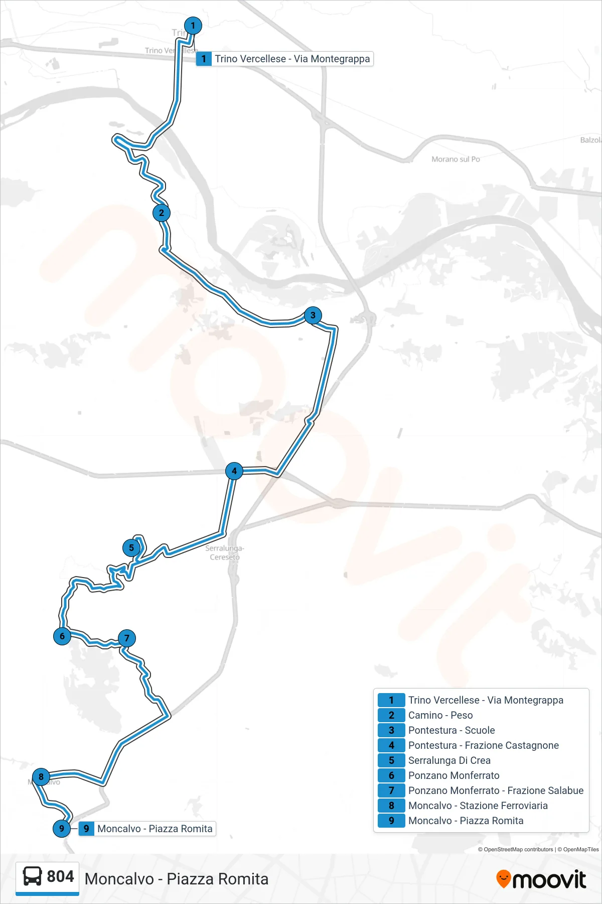 Linea 804 bus (Moncalvo - Piazza Romita) - Percorsi e fermate sulla mappa