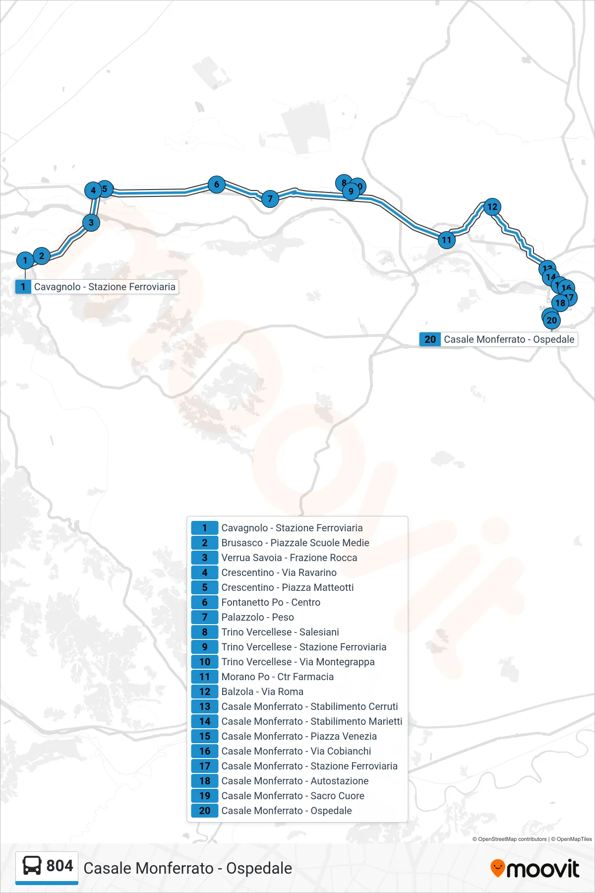 Linea 804  bus (Casale Monferrato - Ospedale) - Percorsi e fermate sulla mappa