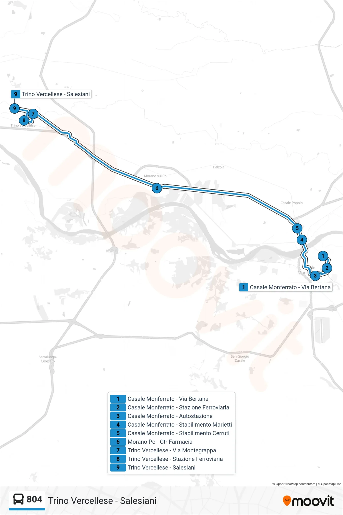 Linea 804  bus (Trino Vercellese - Salesiani) - Percorsi e fermate sulla mappa