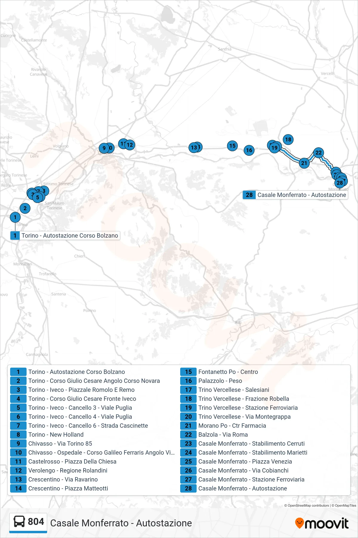 Linea 804 bus (Casale Monferrato - Autostazione) - Percorsi e fermate sulla mappa