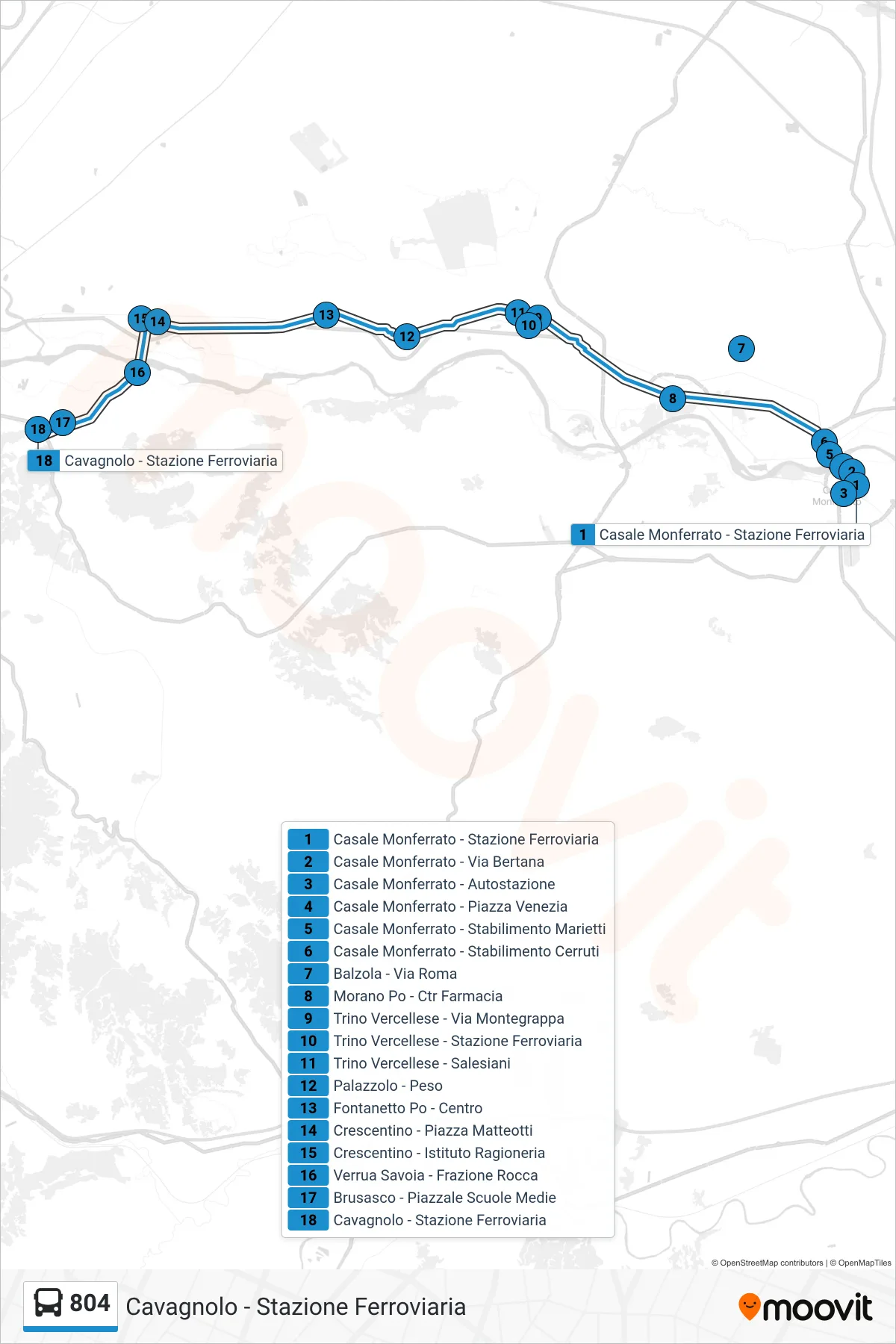 Linea 804 bus (Cavagnolo - Stazione Ferroviaria) - Percorsi e fermate sulla mappa
