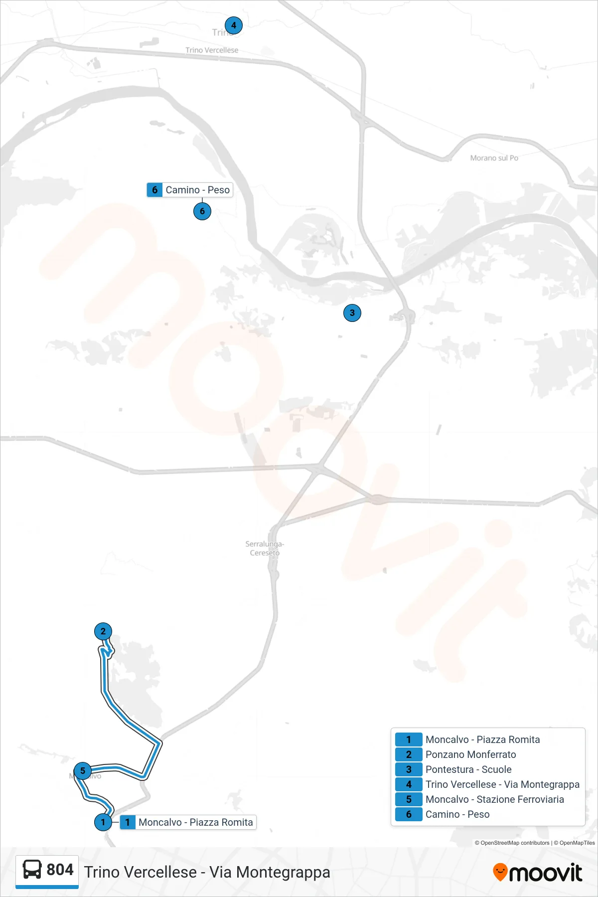 Linea 804 bus (Trino Vercellese - Via Montegrappa) - Percorsi e fermate sulla mappa