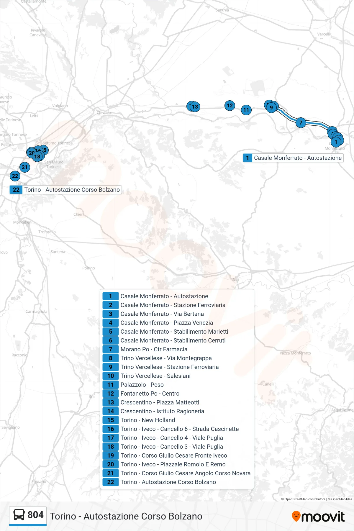 Linea 804 bus (Torino - Autostazione Corso Bolzano) - Percorsi e fermate sulla mappa
