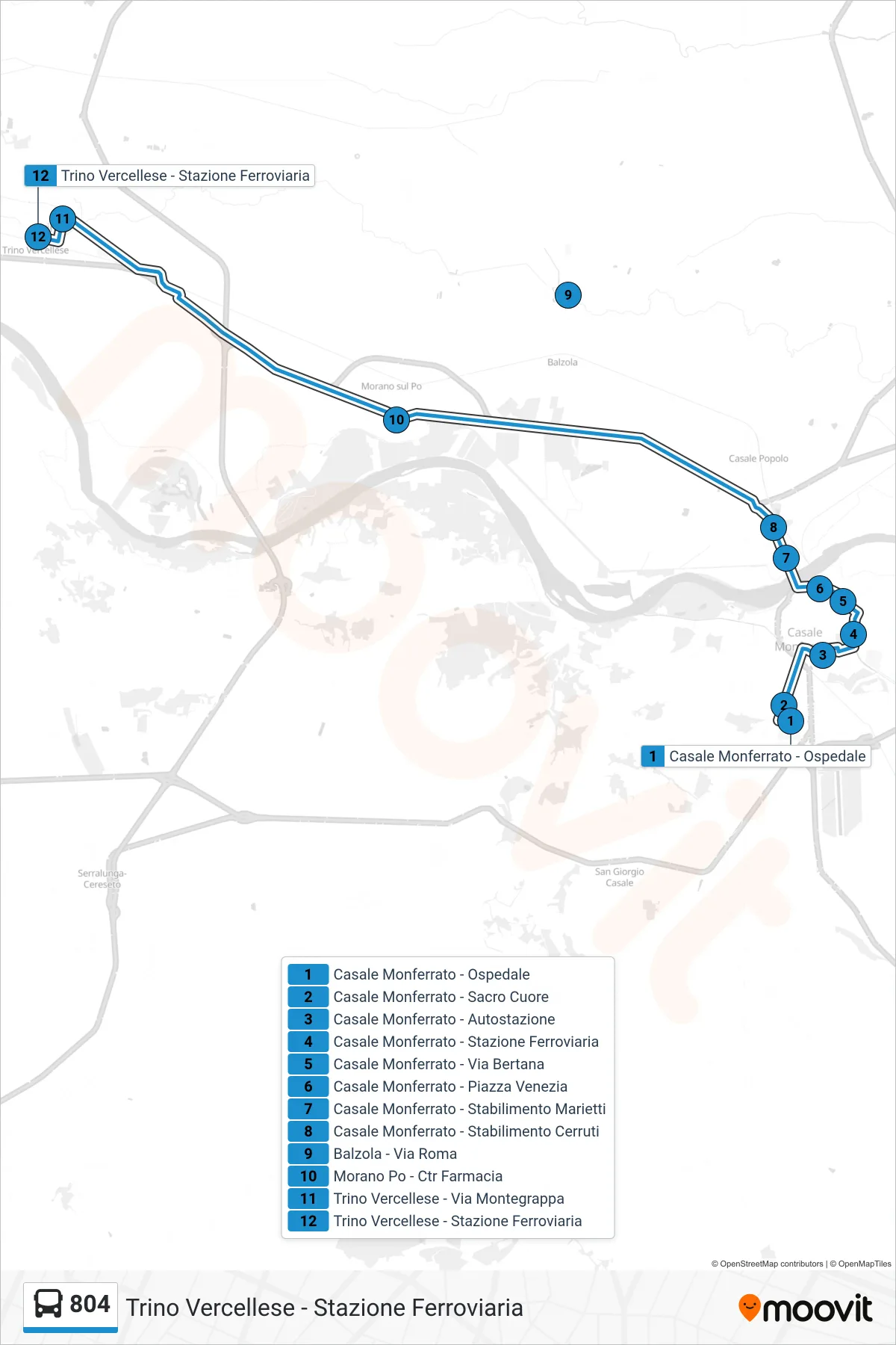 Linea 804  bus (Trino Vercellese - Stazione Ferroviaria) - Percorsi e fermate sulla mappa