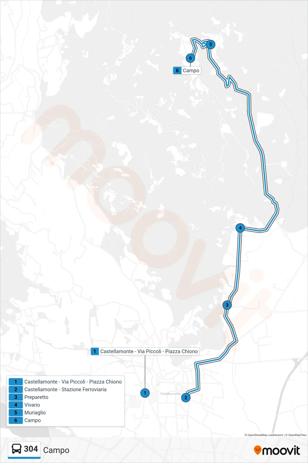 Linea 304  bus (Campo) - Percorsi e fermate sulla mappa
