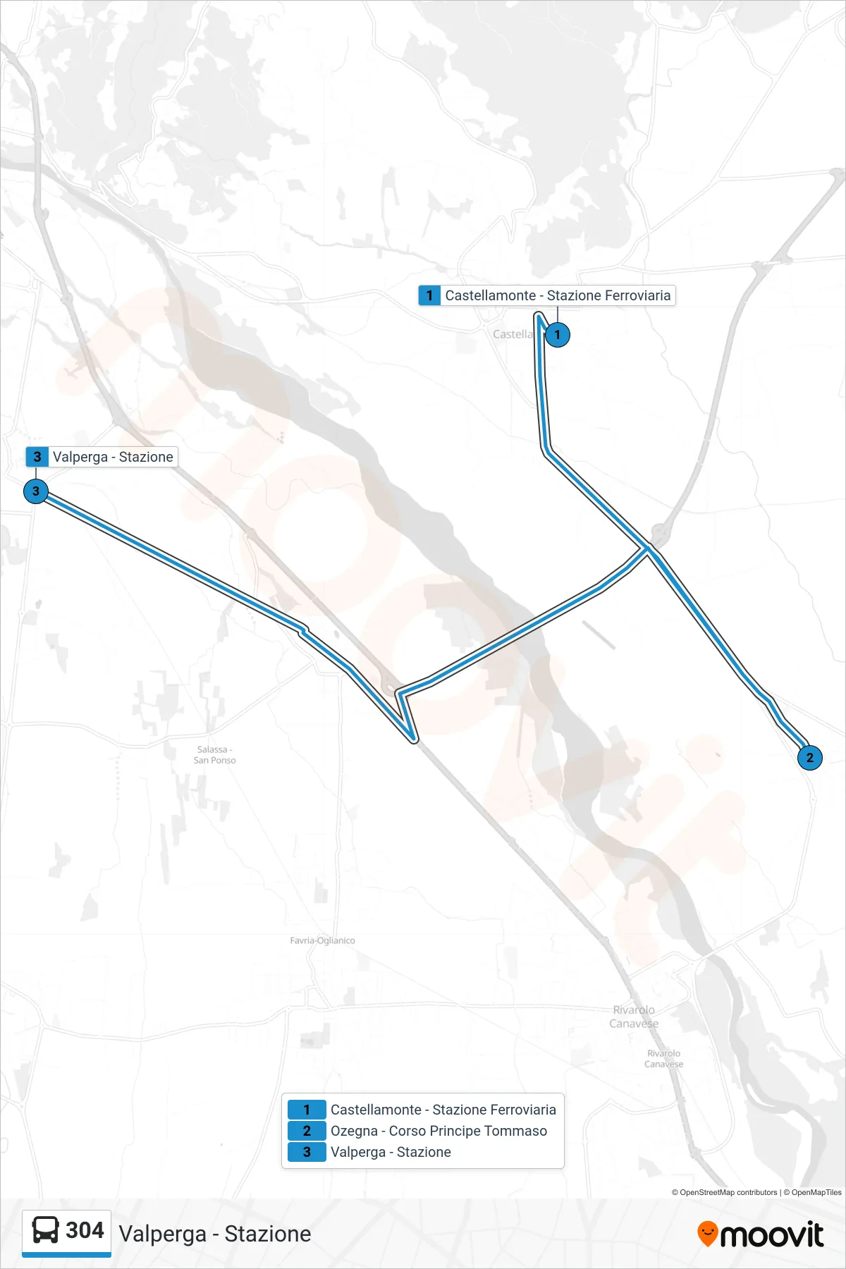 Linea 304 bus (Valperga - Stazione) - Percorsi e fermate sulla mappa