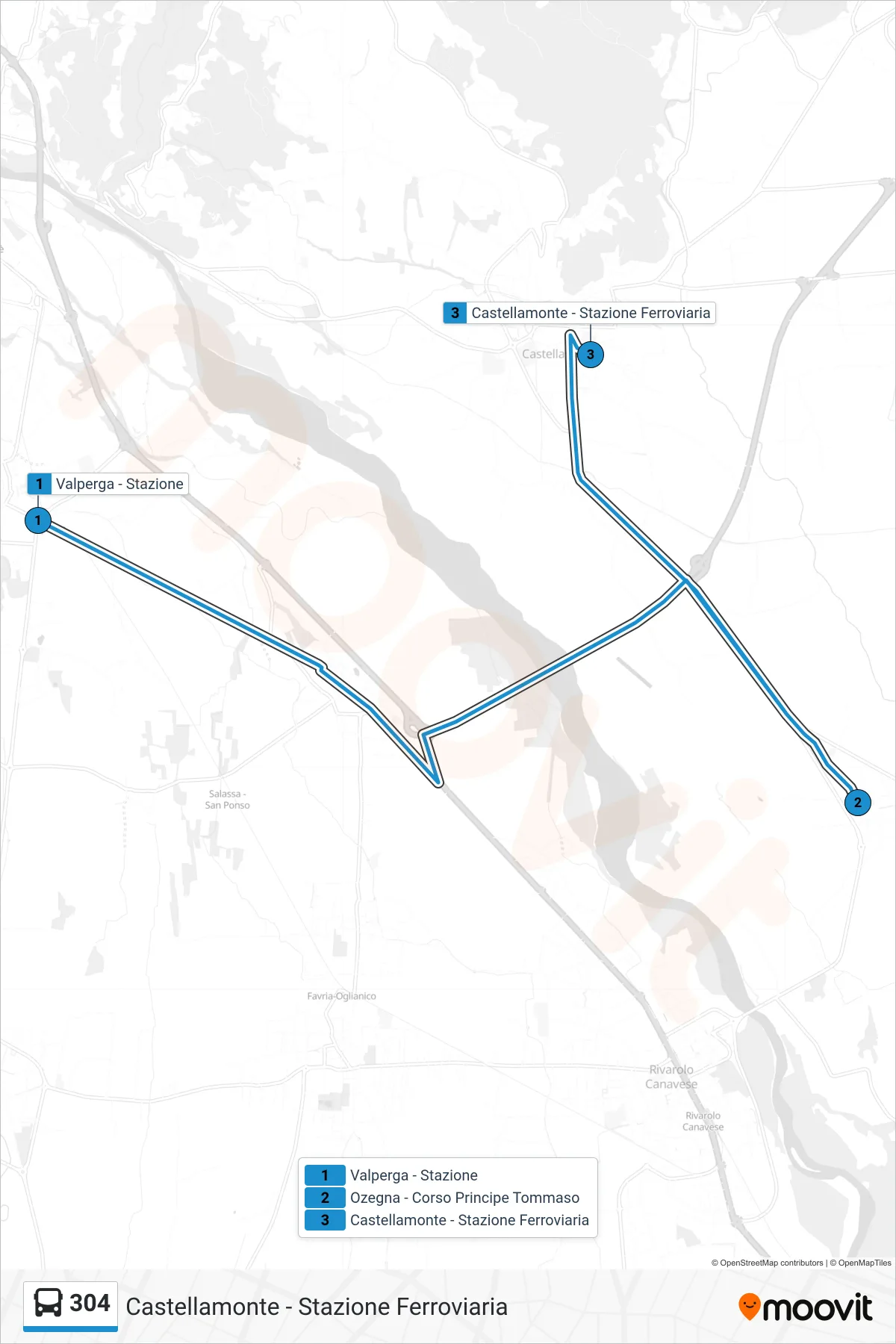 Linea 304 bus (Castellamonte - Stazione Ferroviaria) - Percorsi e fermate sulla mappa