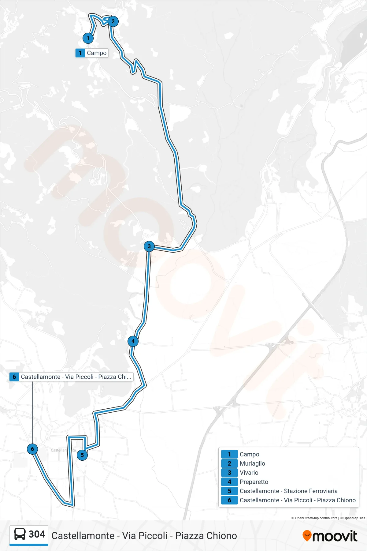 Linea 304  bus (Castellamonte - Via Piccoli - Piazza Chiono) - Percorsi e fermate sulla mappa