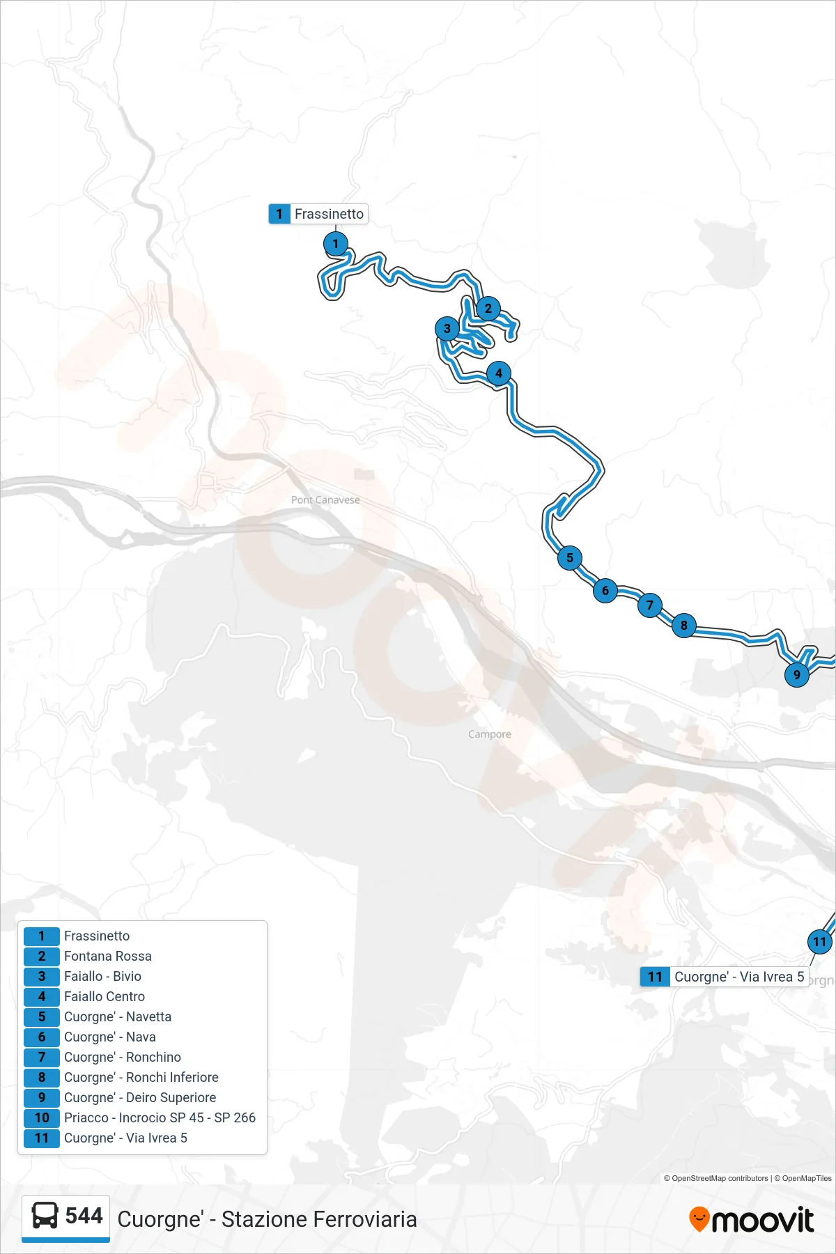 Linea 544  bus (Cuorgne' - Stazione Ferroviaria) - Percorsi e fermate sulla mappa