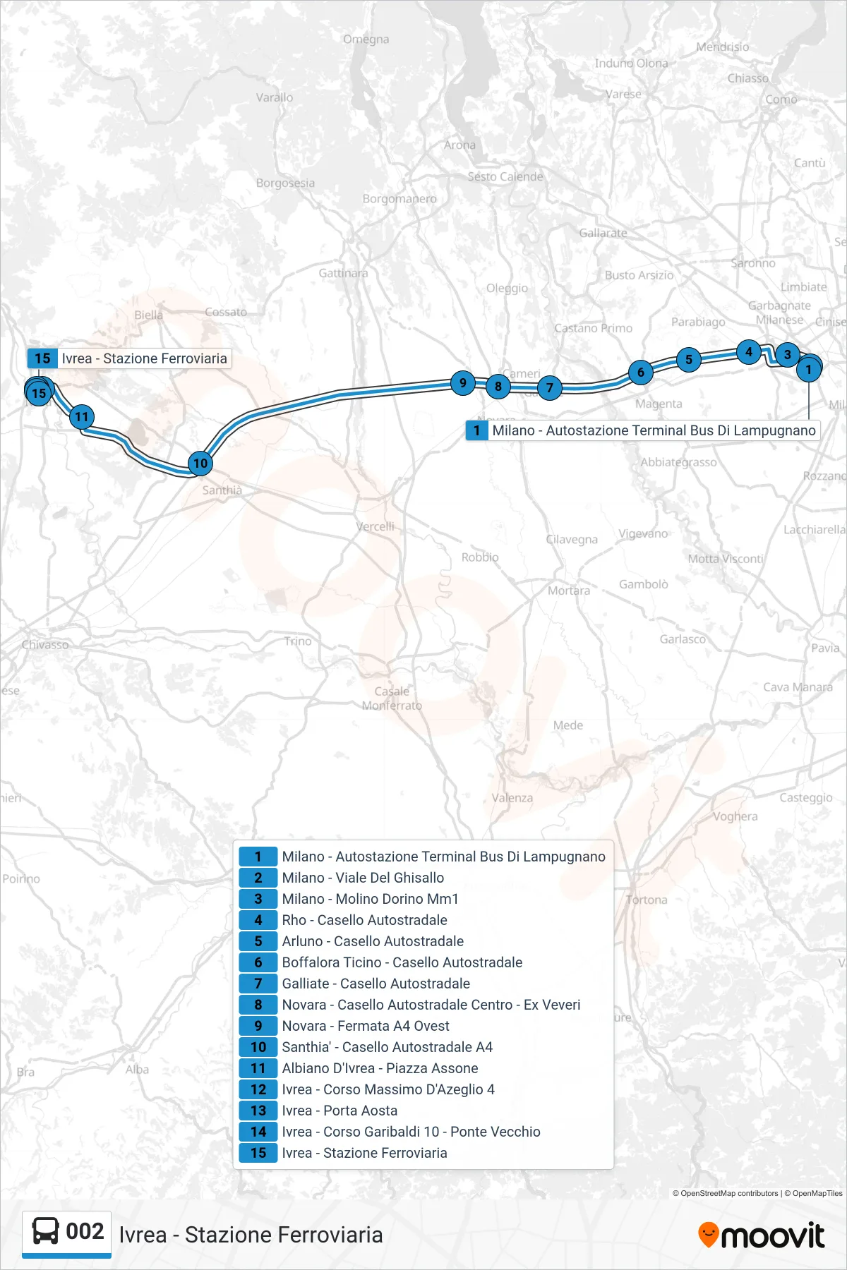 Linea 002 bus (Ivrea - Stazione Ferroviaria) - Percorsi e fermate sulla mappa
