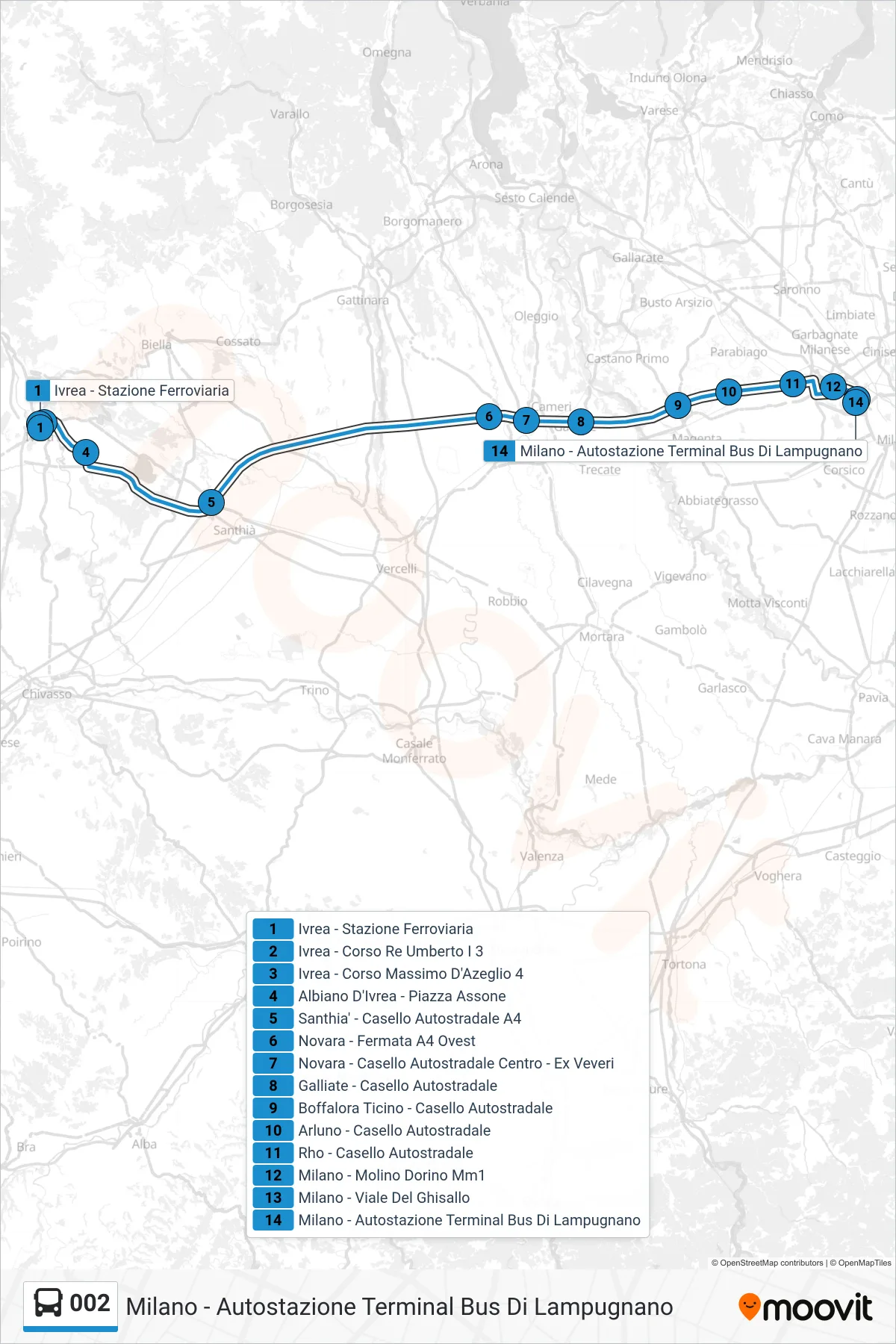 Linea 002 bus (Milano - Autostazione Terminal Bus Di Lampugnano) - Percorsi e fermate sulla mappa