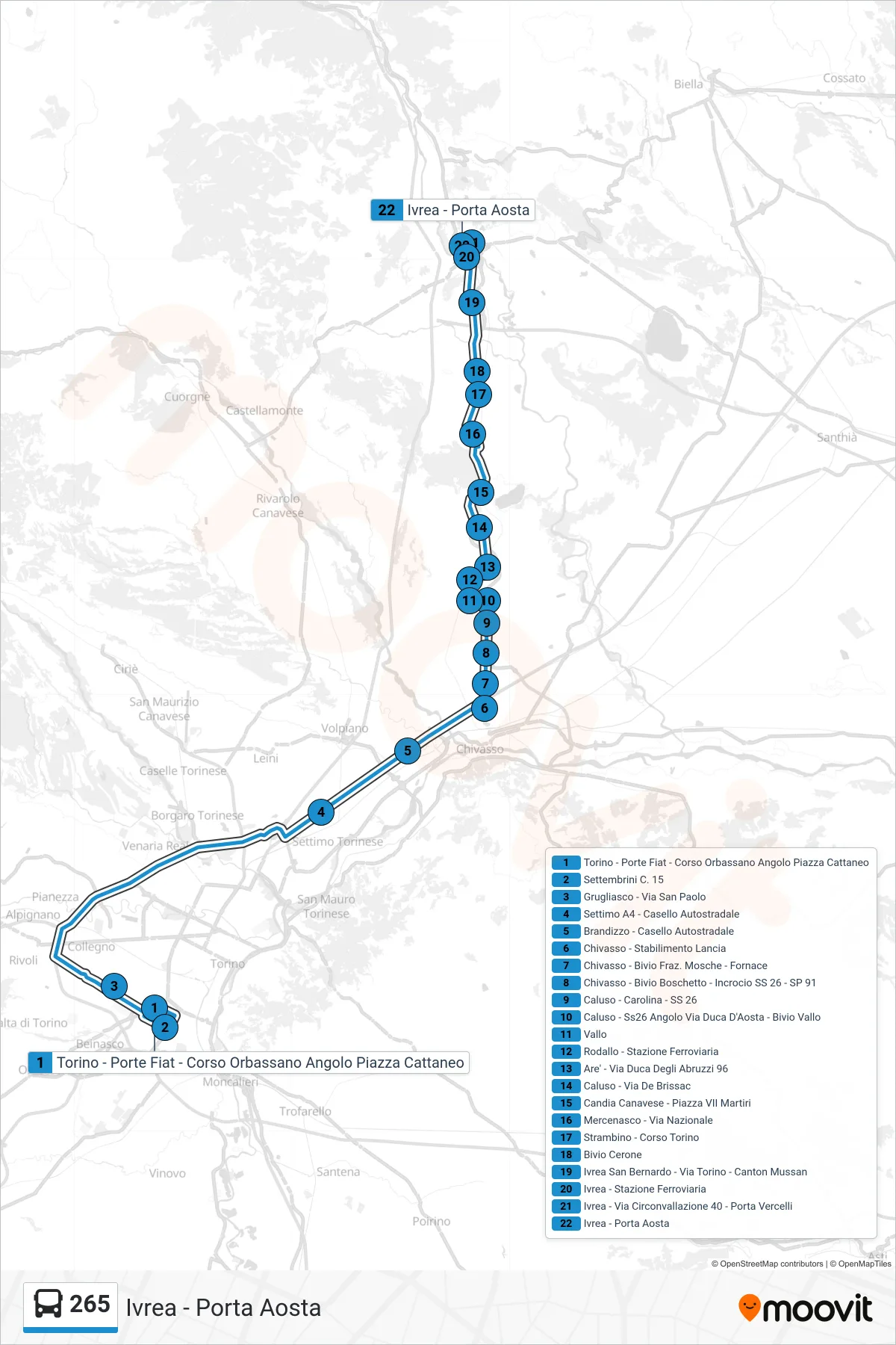 Linea 265  bus (Ivrea - Porta Aosta) - Percorsi e fermate sulla mappa