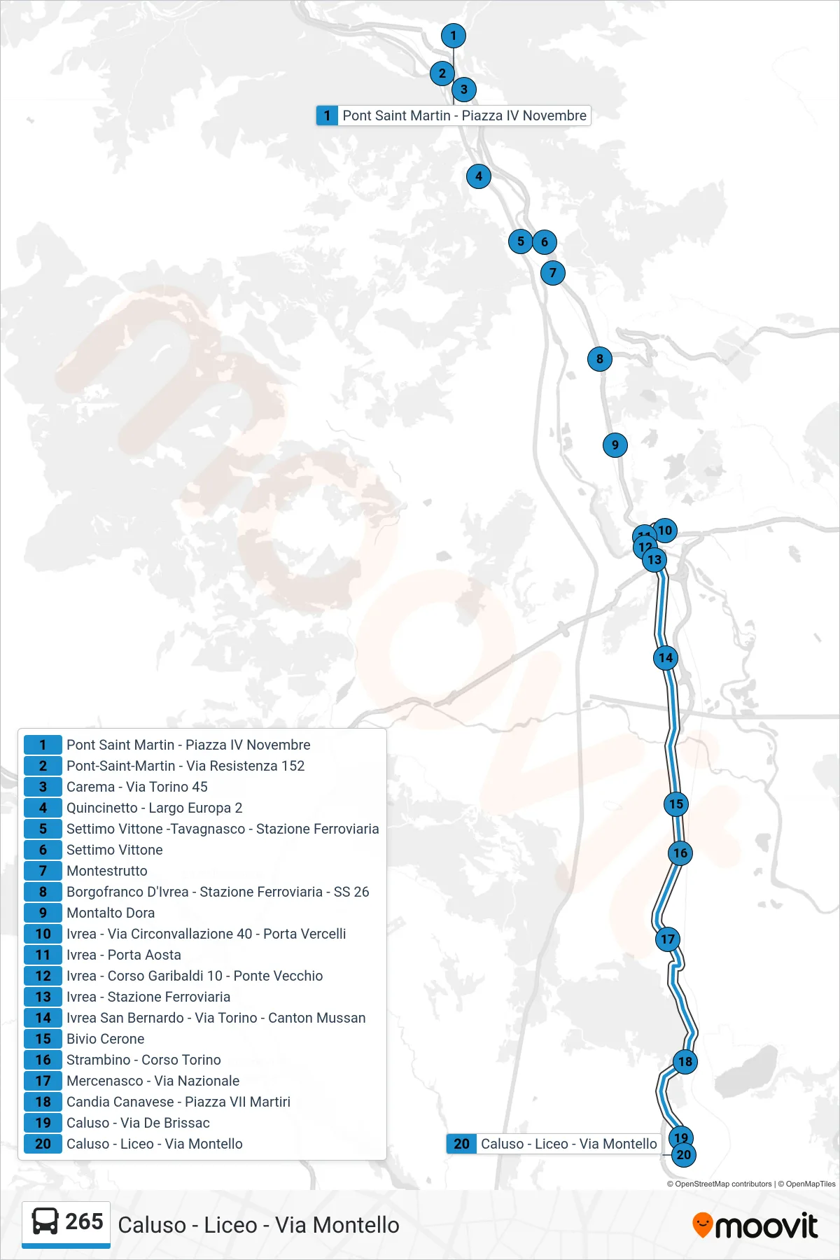 Linea 265 bus (Caluso - Liceo - Via Montello) - Percorsi e fermate sulla mappa